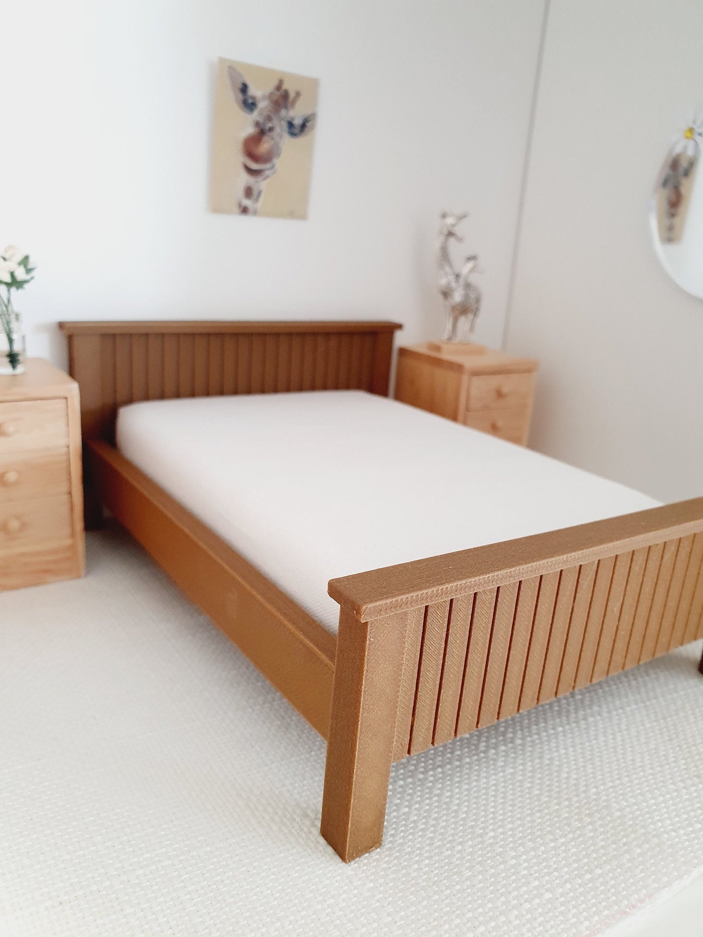 Dolls House Dark Wooden Effect Double Bed 1:12th Scale, Miniature Bed with White Mattress