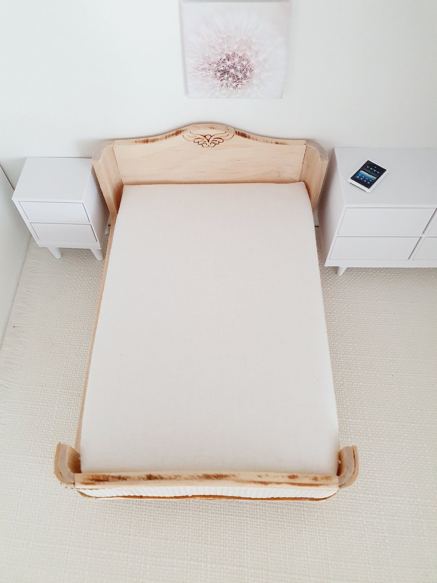 Dolls House Wooden Double Bed 1:12th Scale, Miniature Bed with Mattress (BRWB)