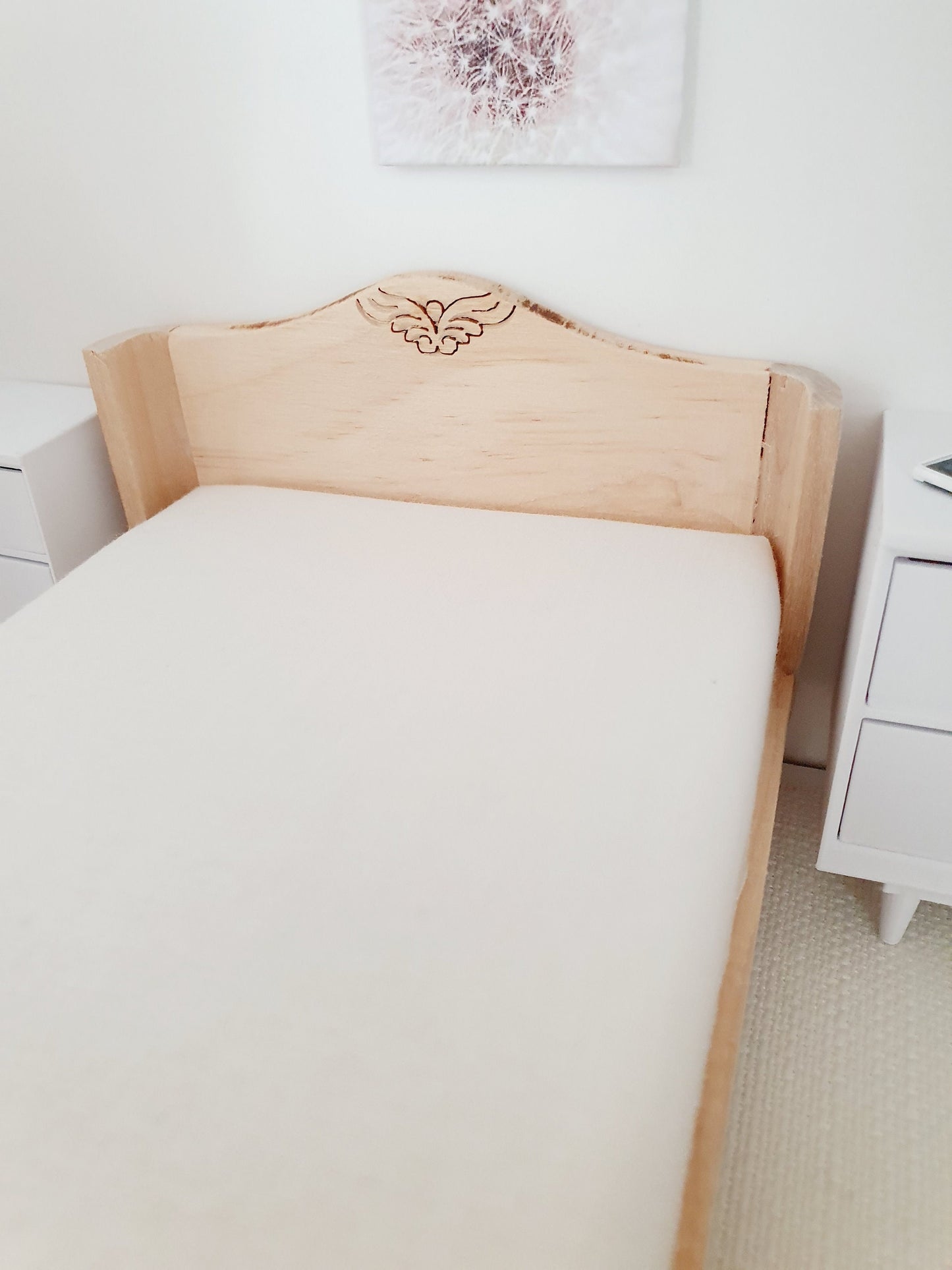 Dolls House Wooden Double Bed 1:12th Scale, Miniature Bed with Mattress (BRWB)
