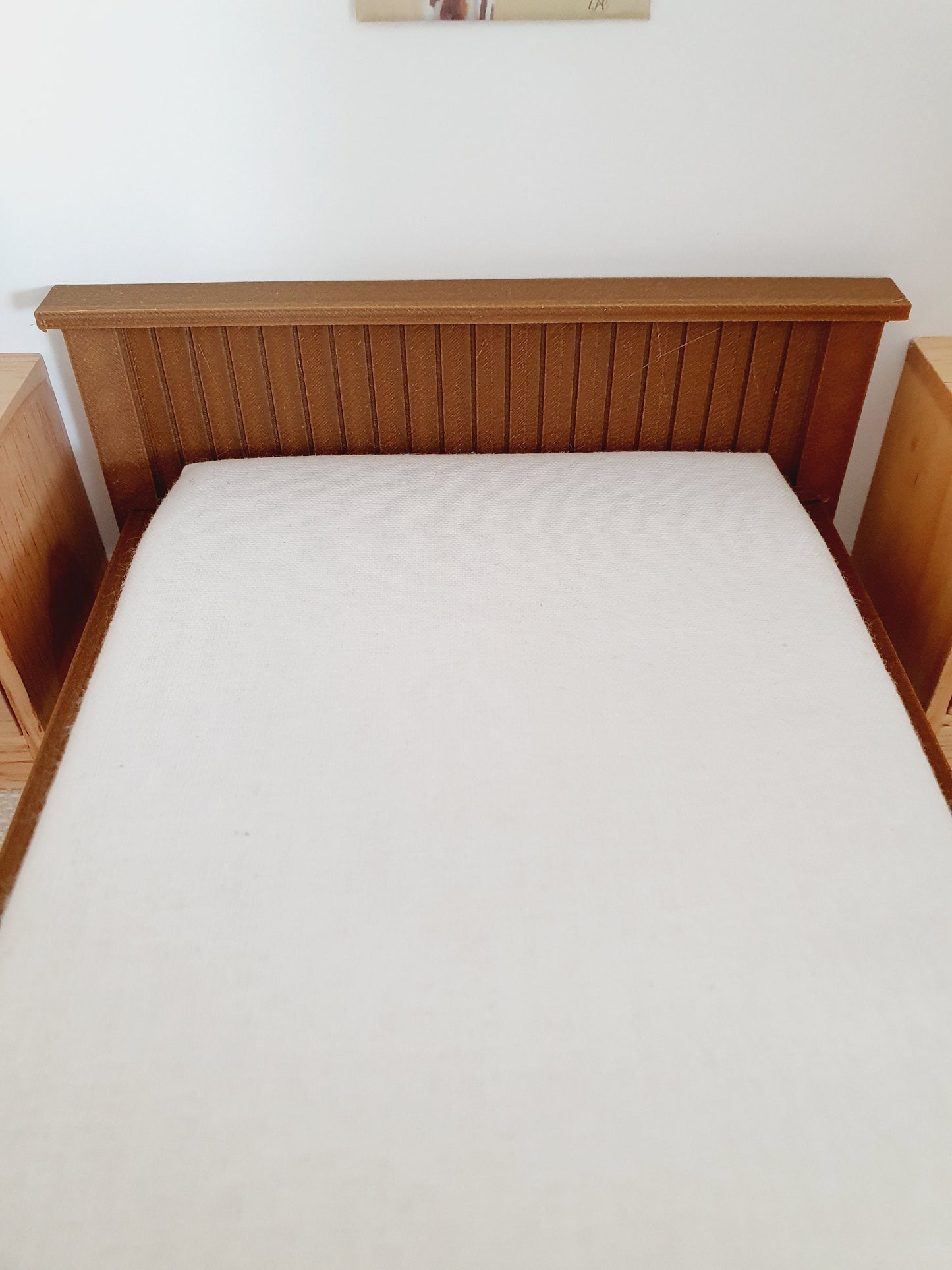 Dolls House Dark Wooden Effect Double Bed 1:12th Scale, Miniature Bed with White Mattress