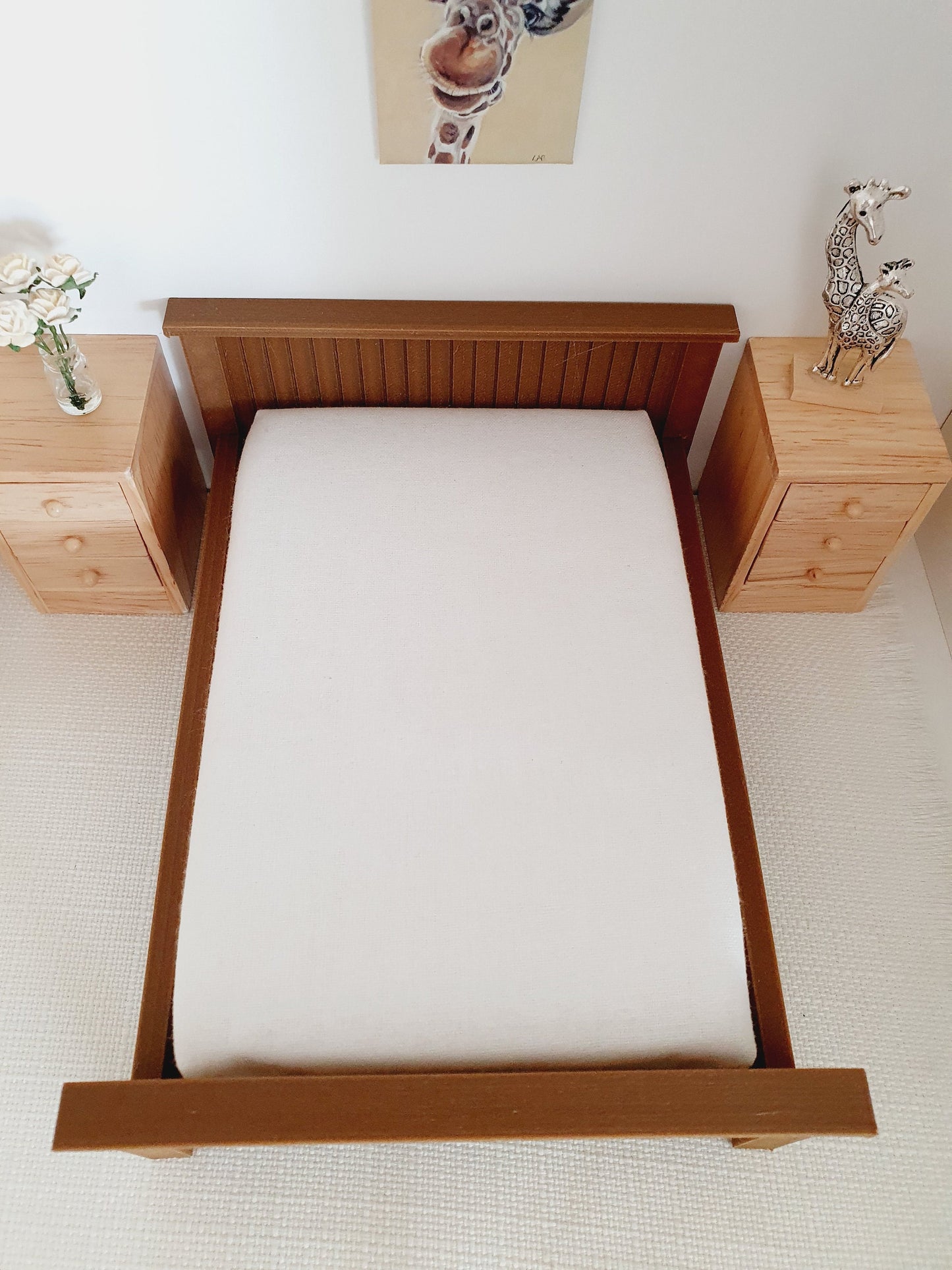 Dolls House Dark Wooden Effect Double Bed 1:12th Scale, Miniature Bed with White Mattress