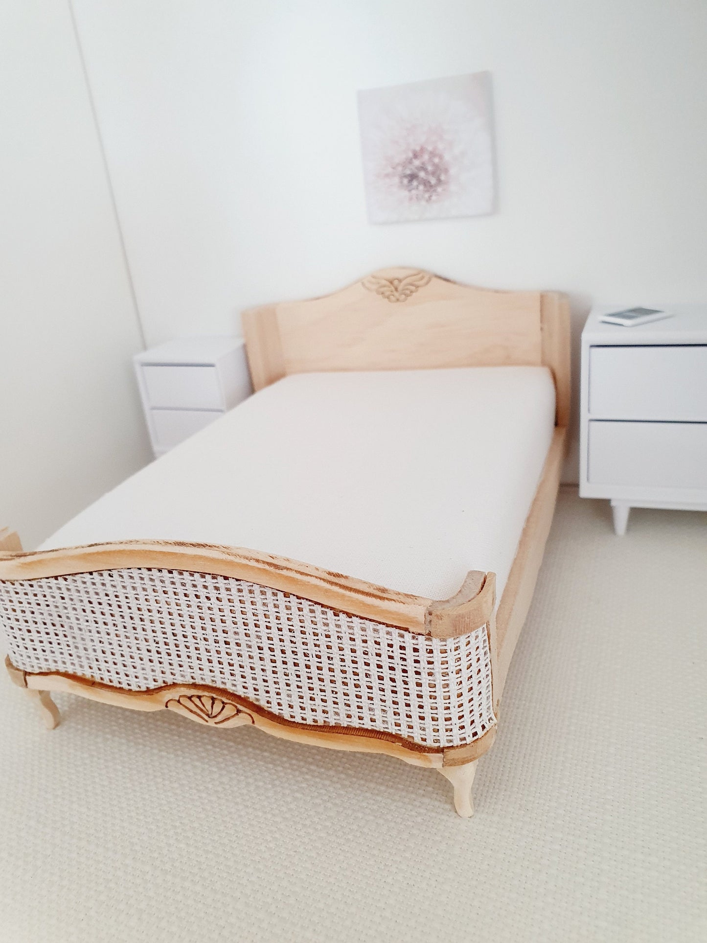 Dolls House Wooden Double Bed 1:12th Scale, Miniature Bed with Mattress (BRWB)