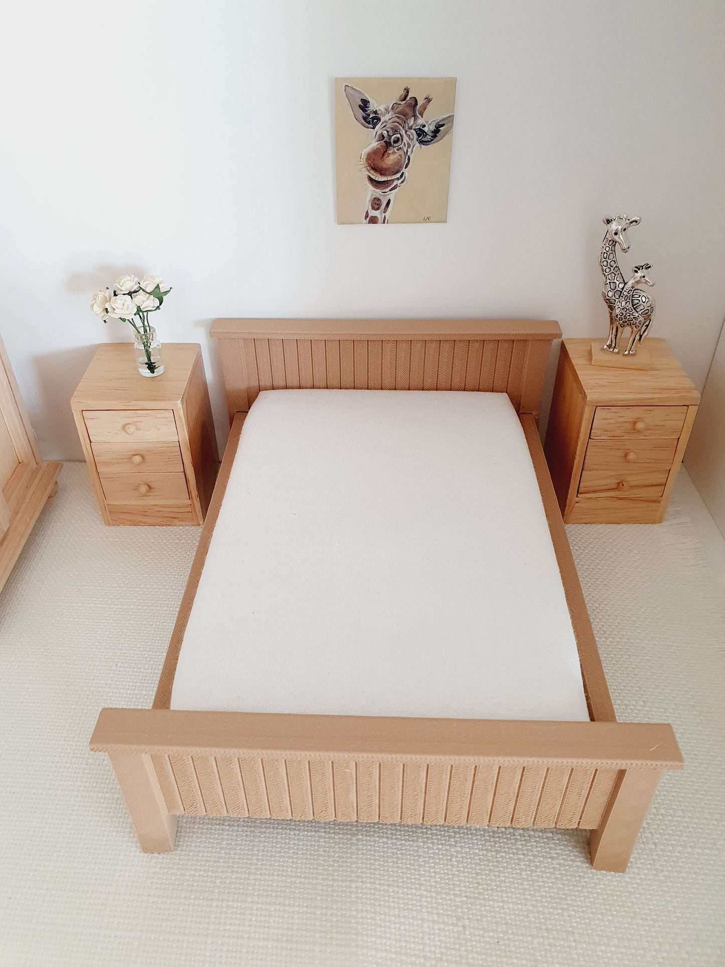 Dolls House Wooden Effect Double Bed 1:12th Scale, Miniature Bed with White Mattress