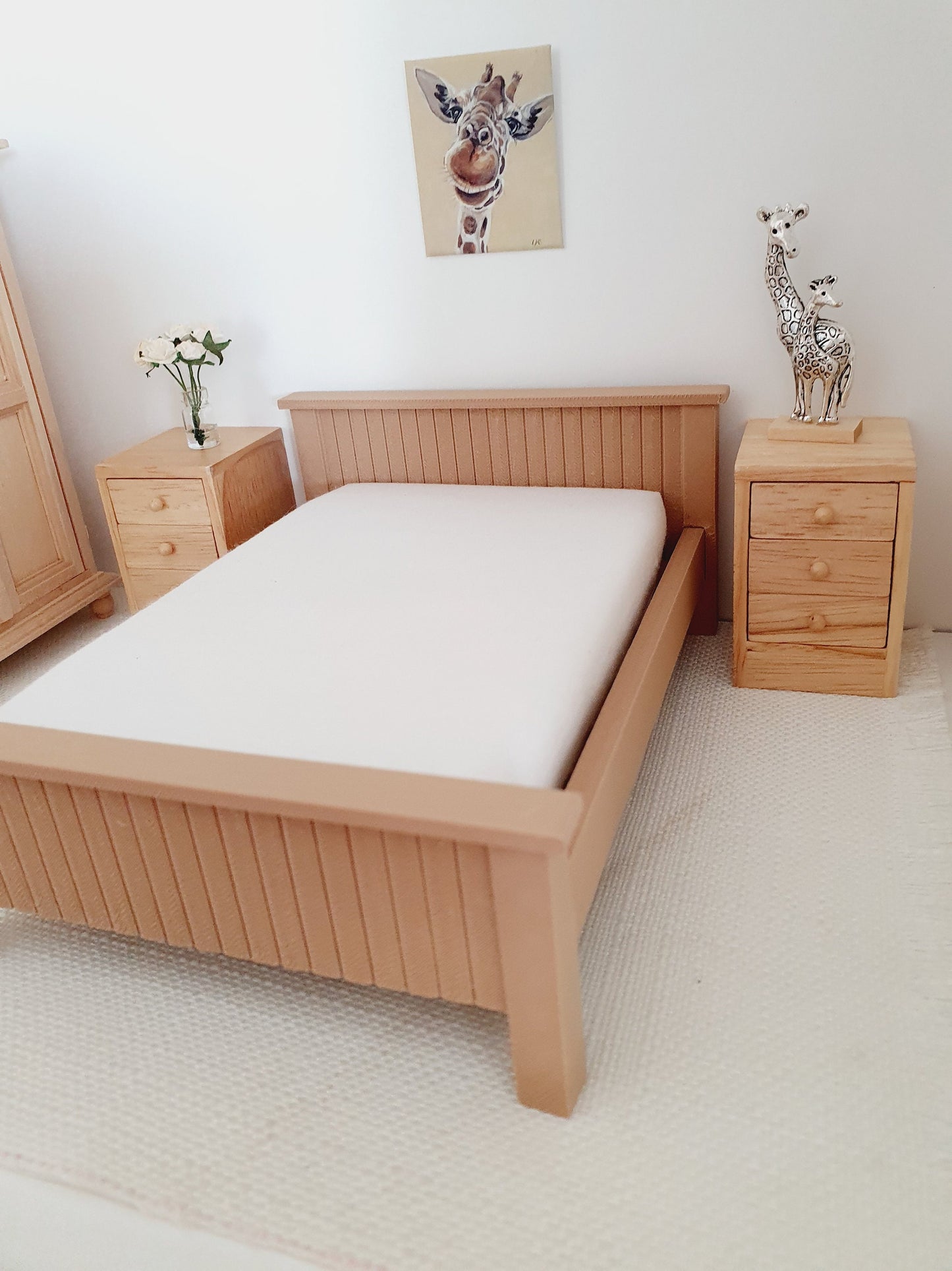 Dolls House Wooden Effect Double Bed 1:12th Scale, Miniature Bed with White Mattress