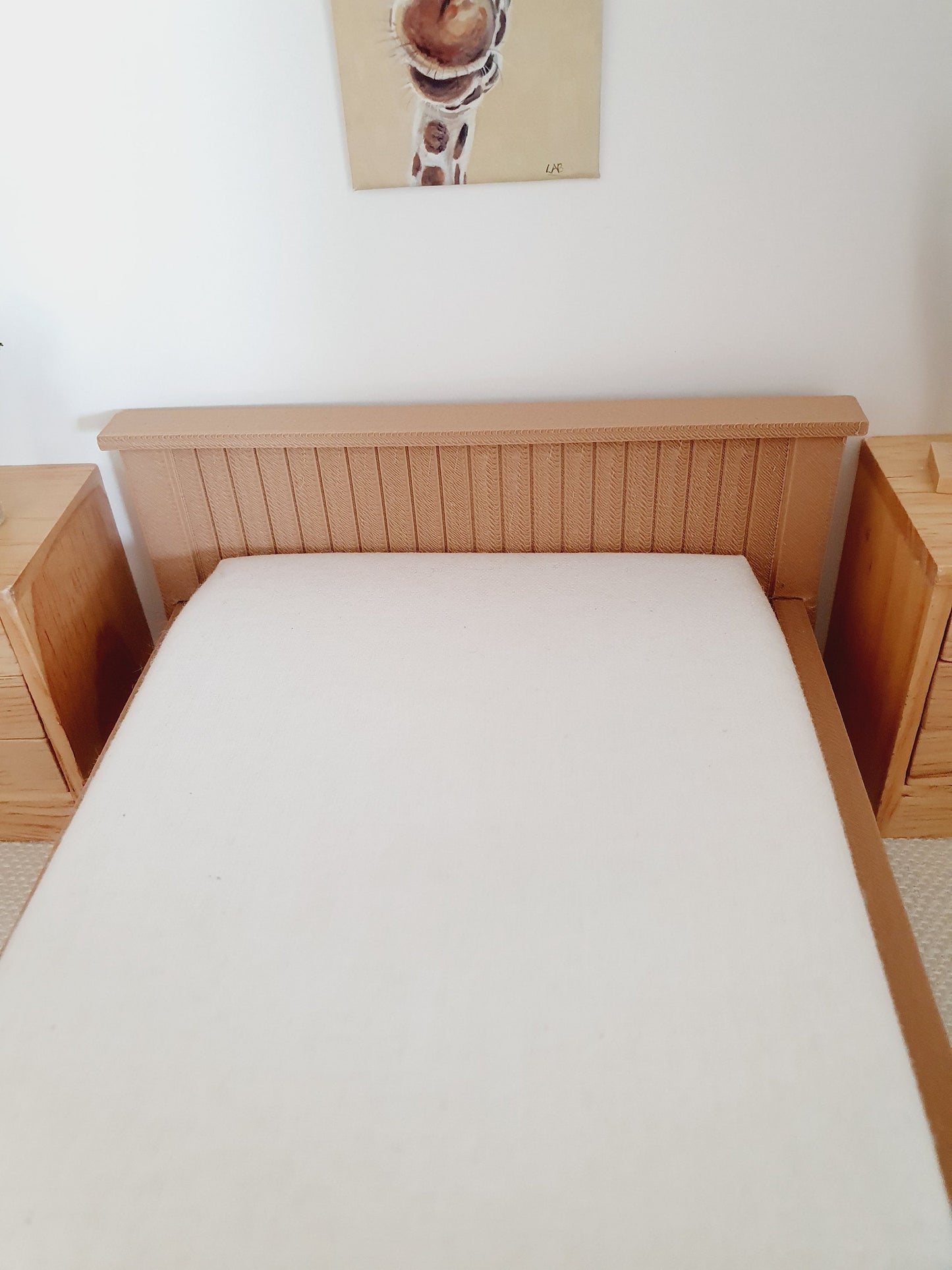 Dolls House Wooden Effect Double Bed 1:12th Scale, Miniature Bed with White Mattress