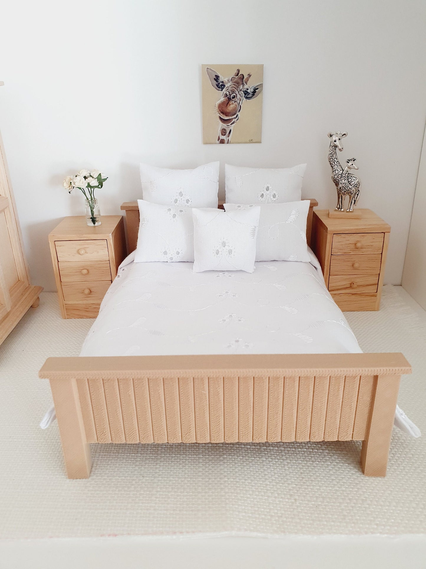 Dolls House Wooden Effect Double Bed 1:12th Scale, Miniature Bed with White Mattress
