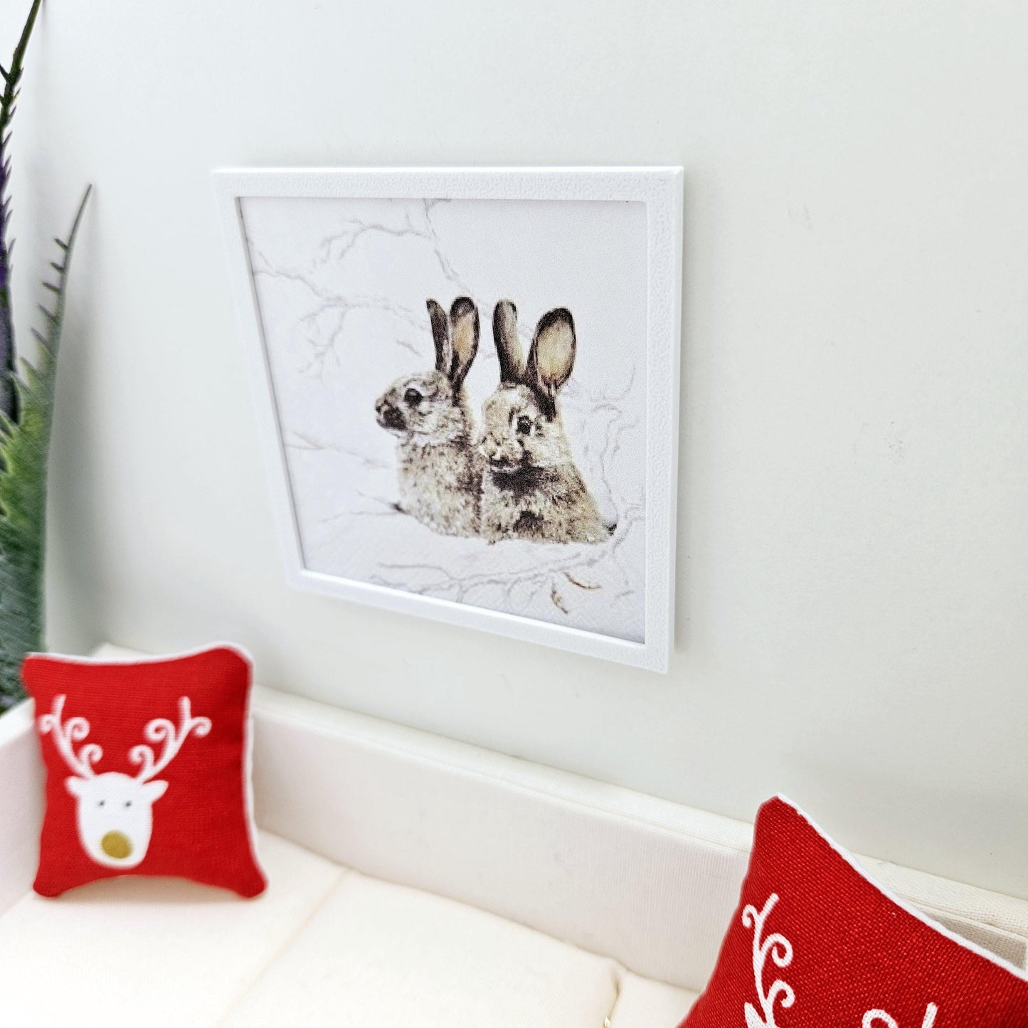 Dolls House Modern Framed Wall Art, Winter Rabbit Scene print, 12th scale, miniature wall picture for any room