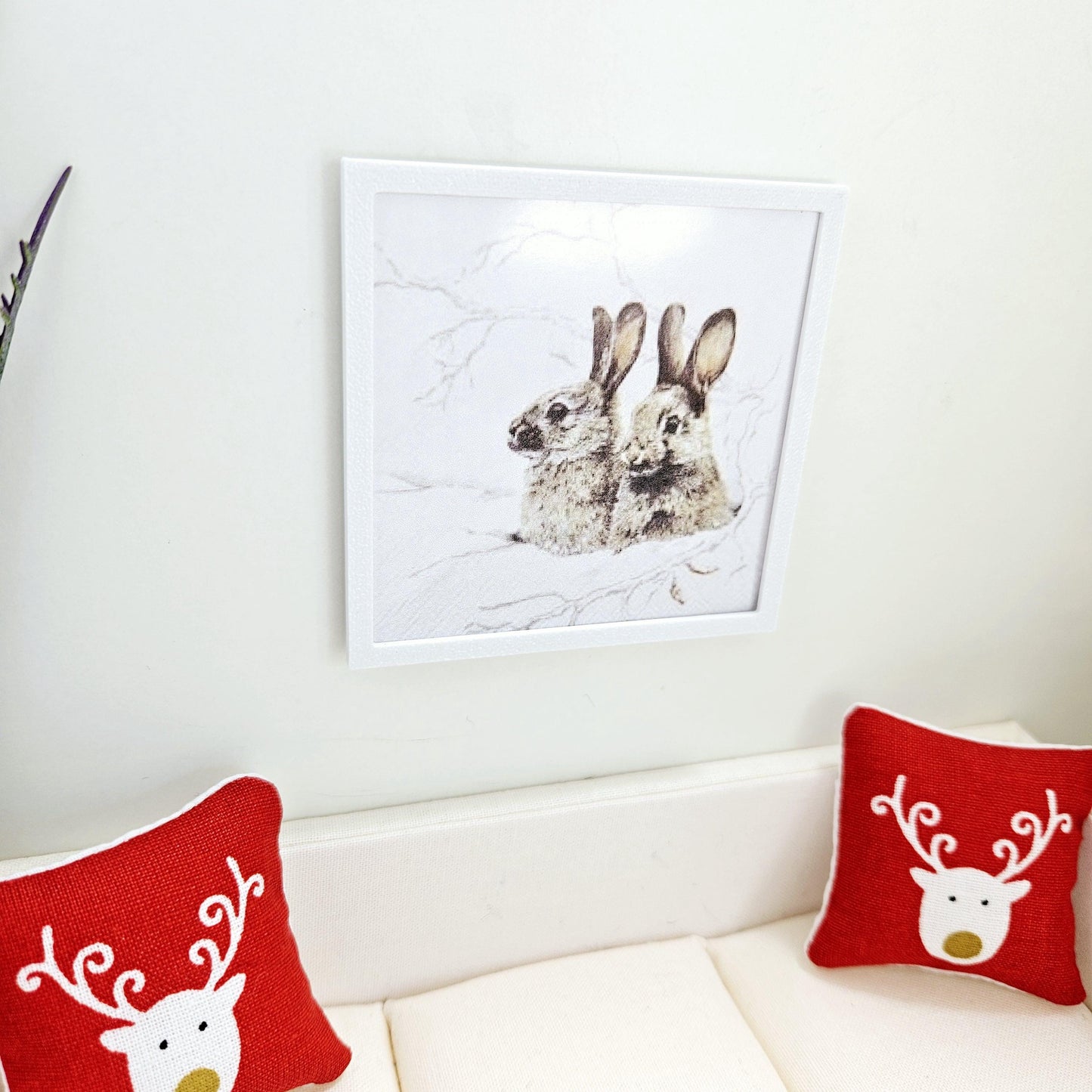 Dolls House Modern Framed Wall Art, Winter Rabbit Scene print, 12th scale, miniature wall picture for any room