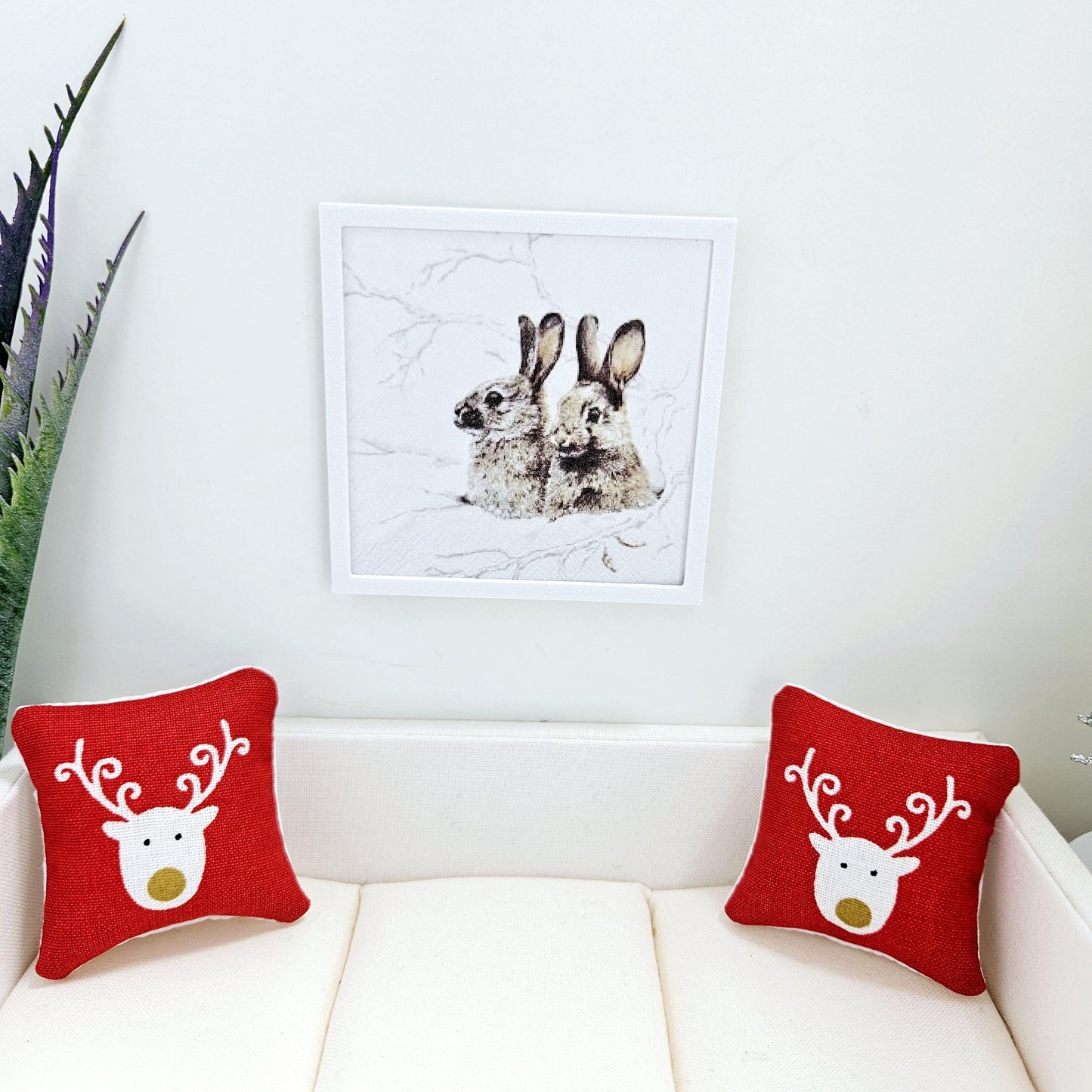 Dolls House Modern Framed Wall Art, Winter Rabbit Scene print, 12th scale, miniature wall picture for any room
