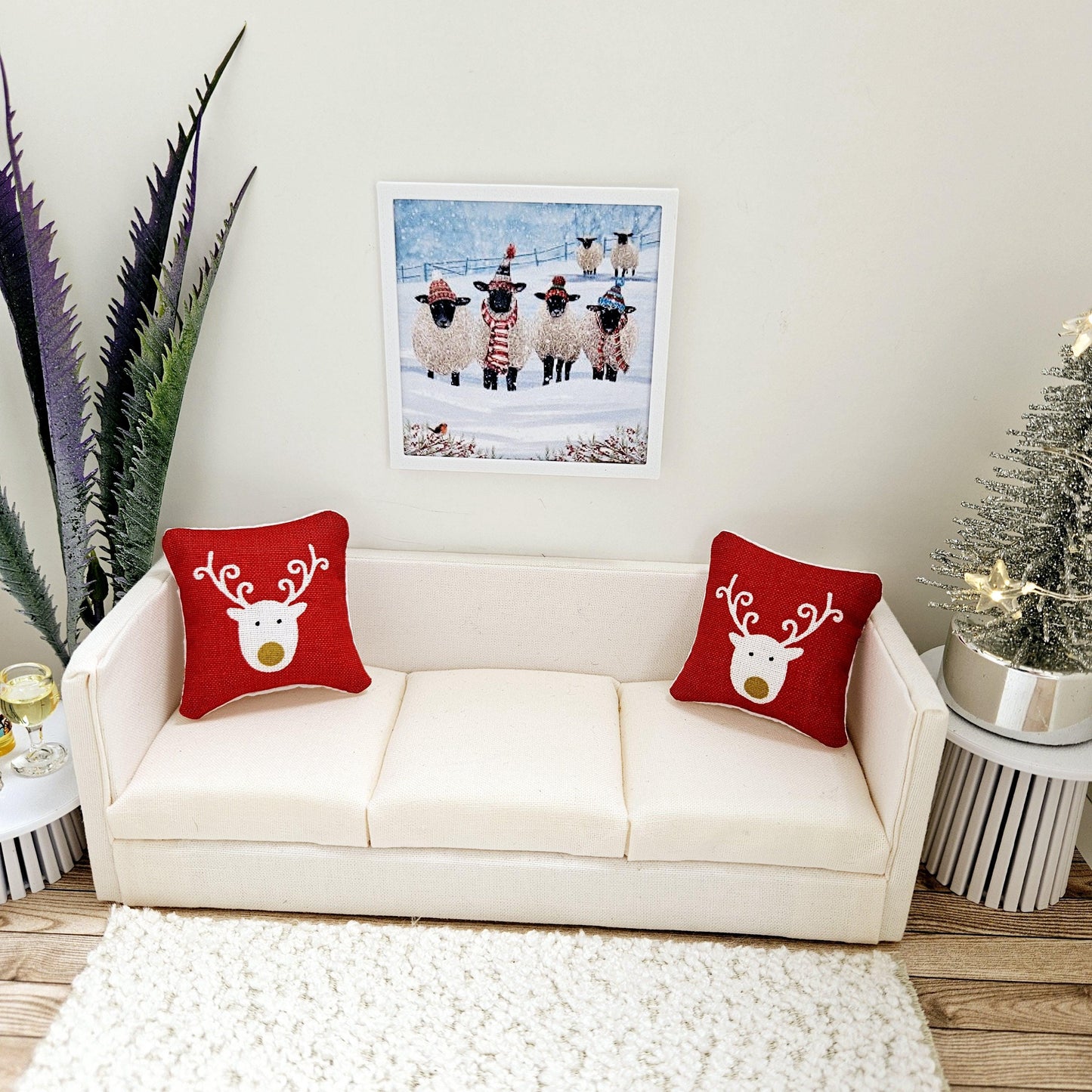 Dolls House Modern Framed Wall Art, Christmas Sheep print, 12th scale, miniature wall picture for any room