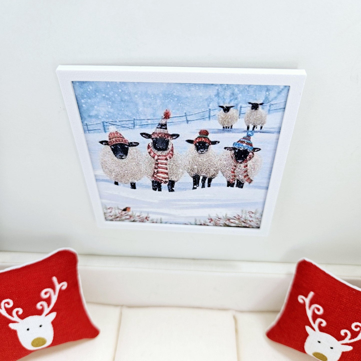 Dolls House Modern Framed Wall Art, Christmas Sheep print, 12th scale, miniature wall picture for any room
