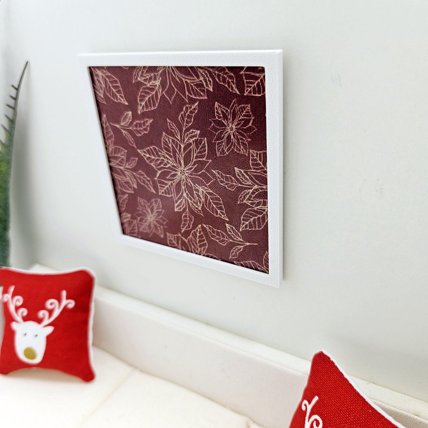 Dolls House Modern Framed Wall Art, Dark Red Poinsettia print, 12th scale, miniature wall picture for any room