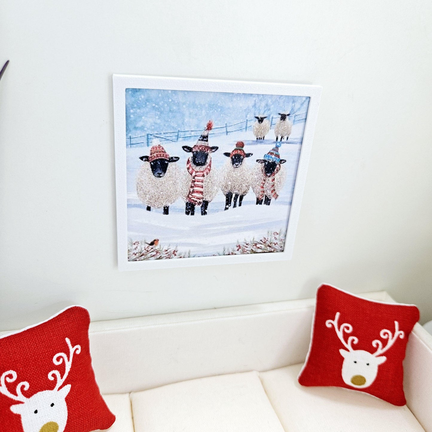 Dolls House Modern Framed Wall Art, Christmas Sheep print, 12th scale, miniature wall picture for any room