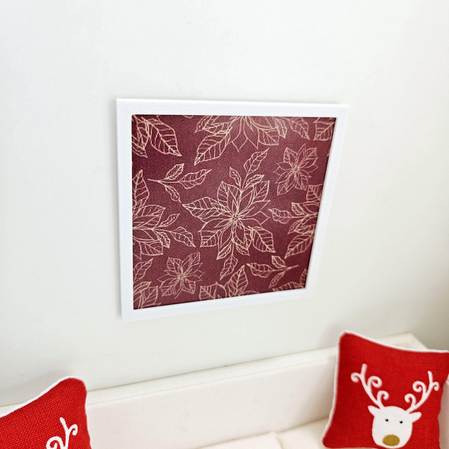 Dolls House Modern Framed Wall Art, Dark Red Poinsettia print, 12th scale, miniature wall picture for any room