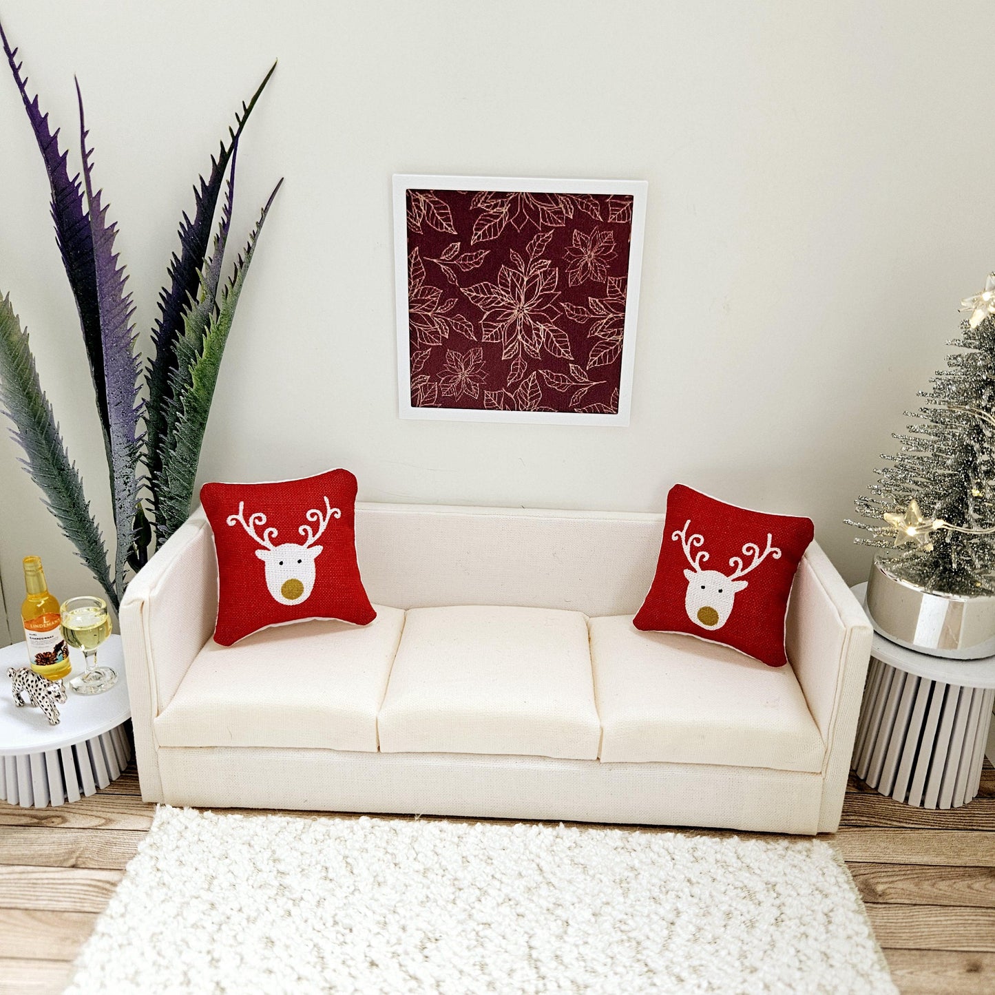 Dolls House Modern Framed Wall Art, Dark Red Poinsettia print, 12th scale, miniature wall picture for any room