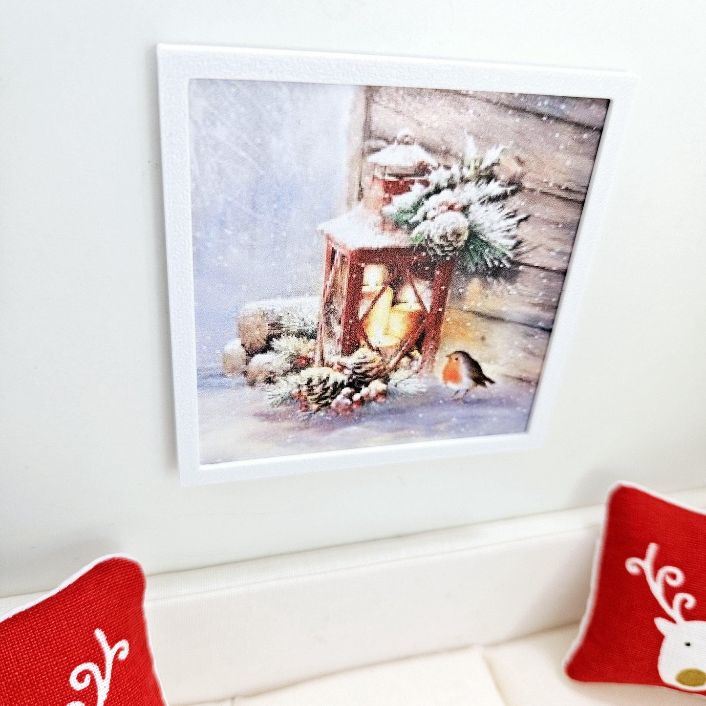 Dolls House Modern Framed Wall Art, Christmas Lantern & Robin print, 12th scale, miniature wall picture for any room