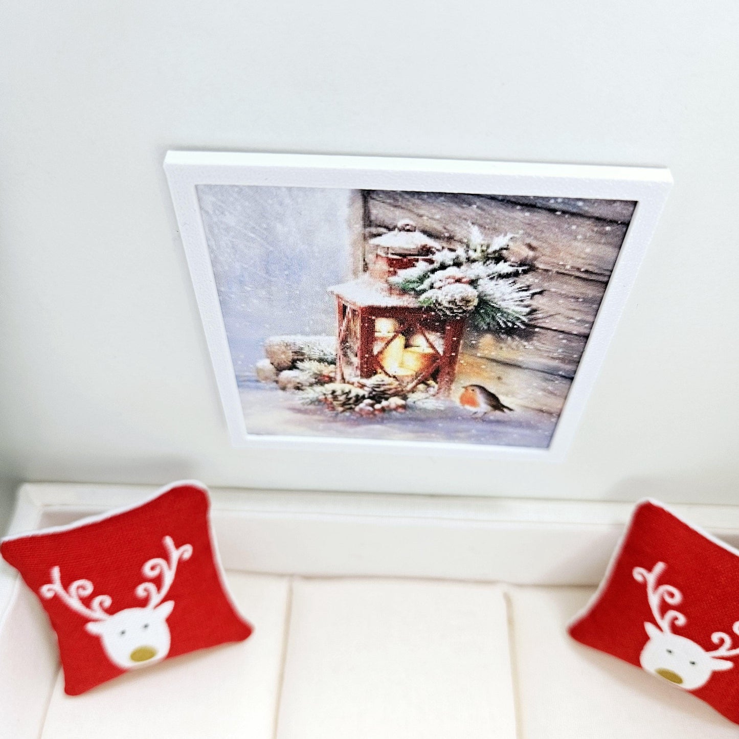 Dolls House Modern Framed Wall Art, Christmas Lantern & Robin print, 12th scale, miniature wall picture for any room