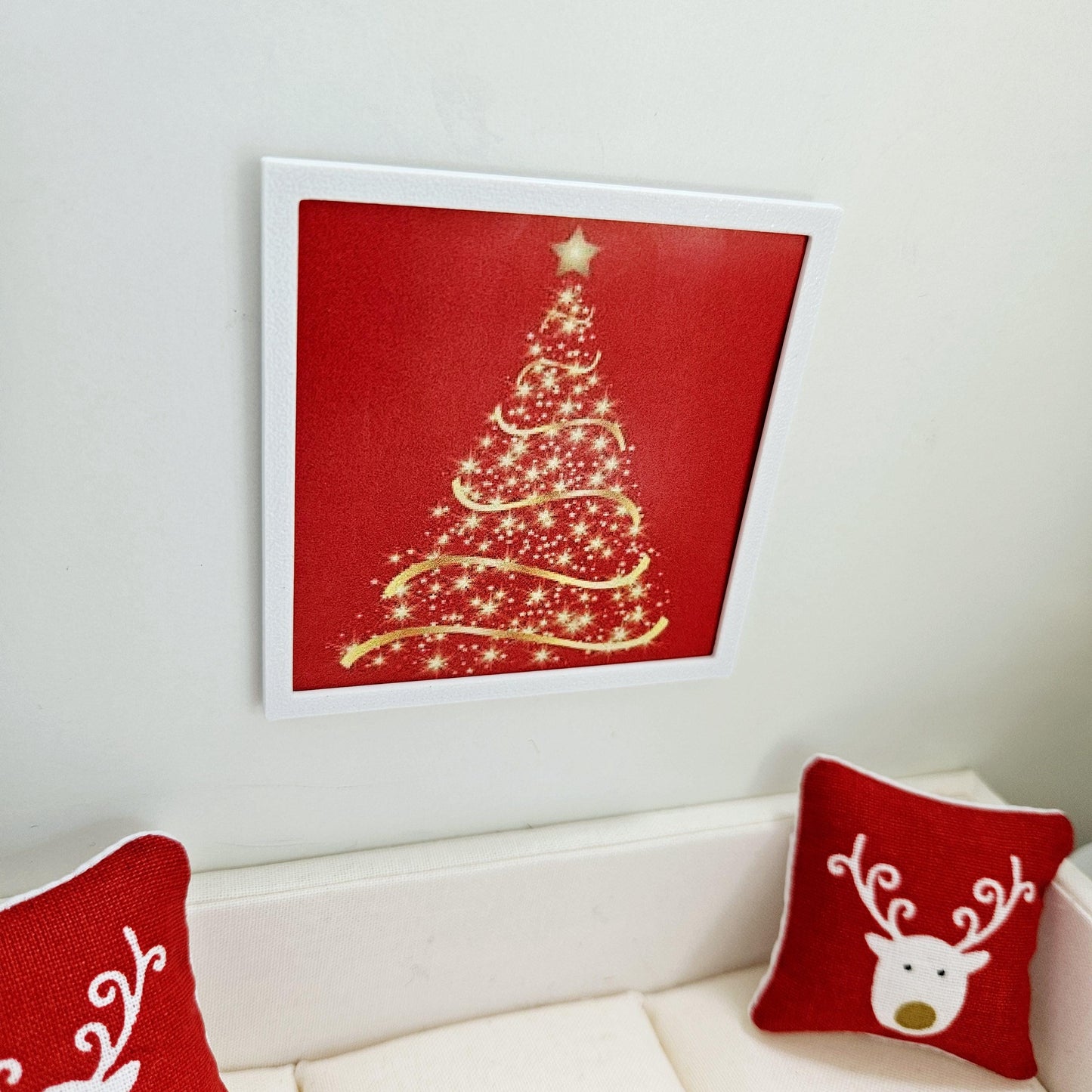 Dolls House Modern Framed Wall Art, Red Christmas Tree print, 12th scale, miniature wall picture for any room