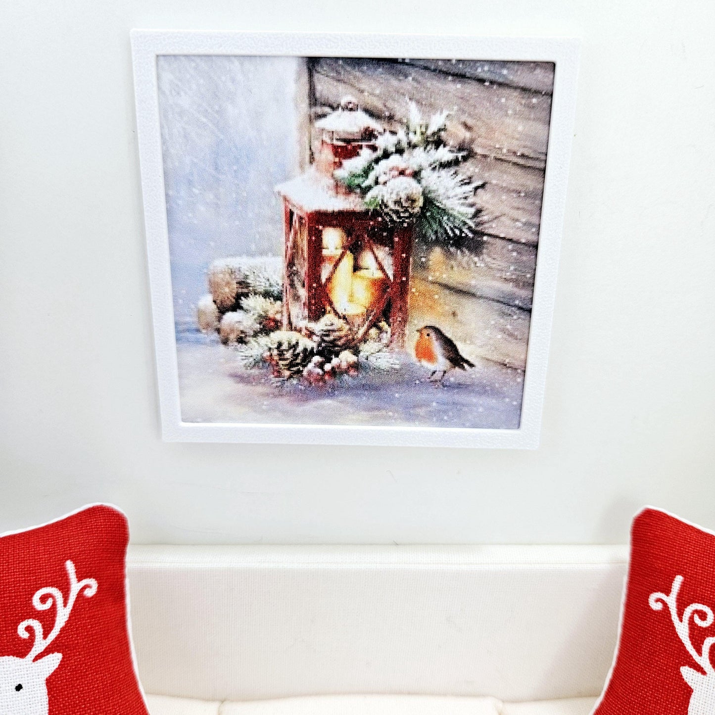 Dolls House Modern Framed Wall Art, Christmas Lantern & Robin print, 12th scale, miniature wall picture for any room