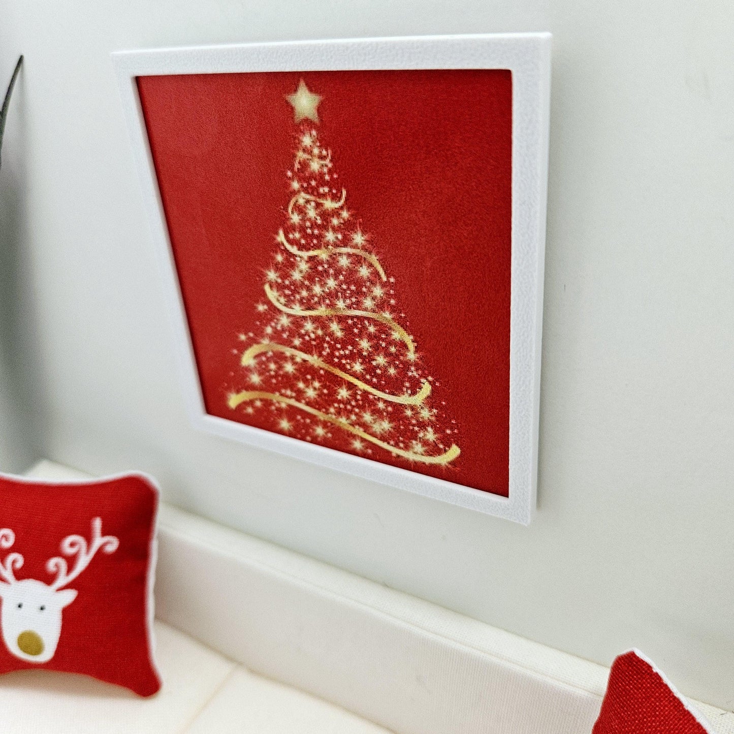 Dolls House Modern Framed Wall Art, Red Christmas Tree print, 12th scale, miniature wall picture for any room