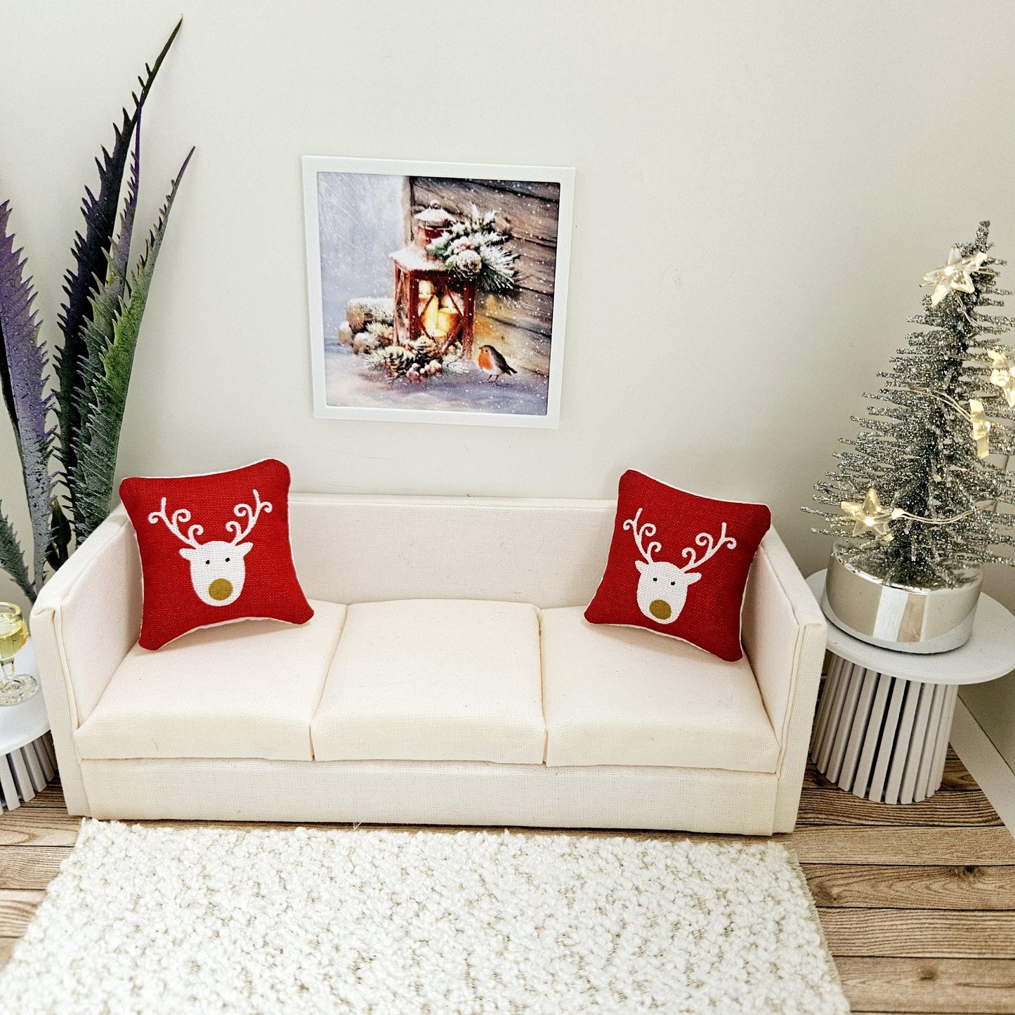 Dolls House Modern Framed Wall Art, Christmas Lantern & Robin print, 12th scale, miniature wall picture for any room
