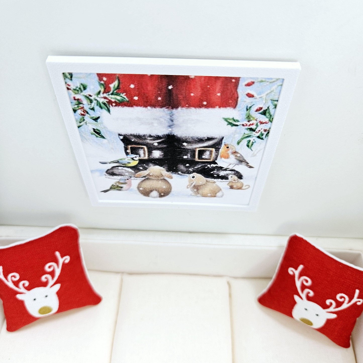 Dolls House Modern Framed Wall Art, Santa's Boots & Friends Print, 12th scale, Miniature Wall Picture For Any Room