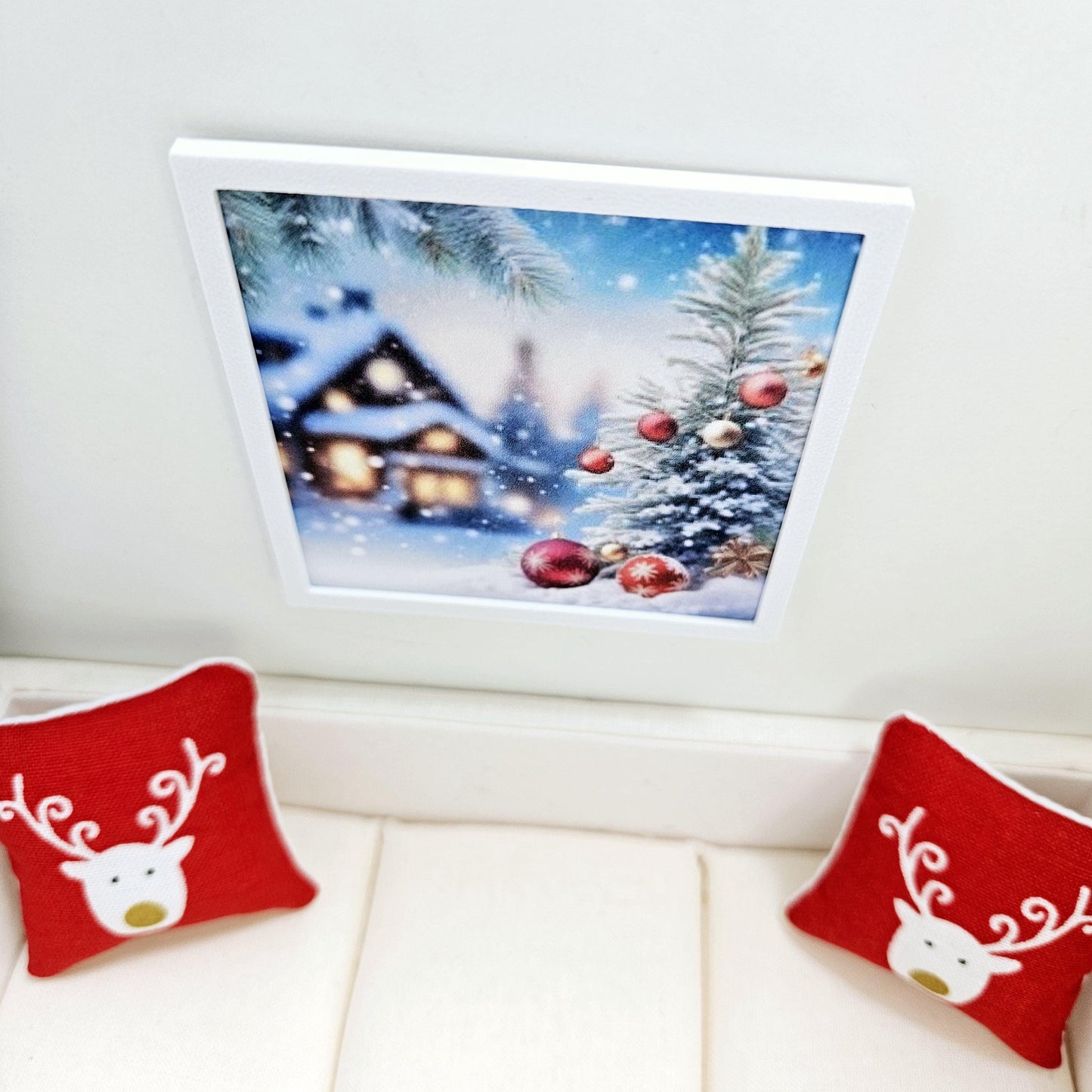 Dolls House Modern Framed Wall Art, Christmas House & Baubles print, 12th scale, miniature wall picture for any room