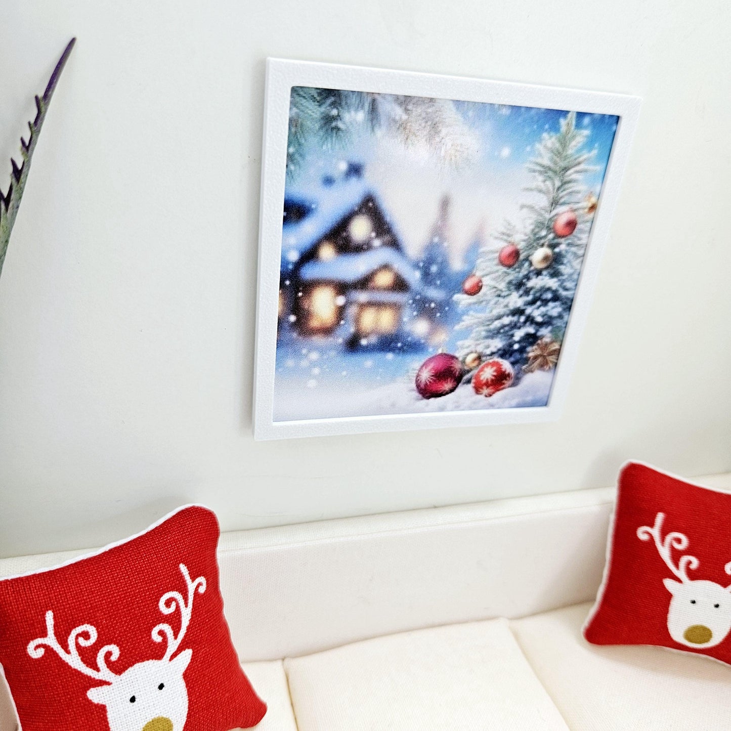 Dolls House Modern Framed Wall Art, Christmas House & Baubles print, 12th scale, miniature wall picture for any room