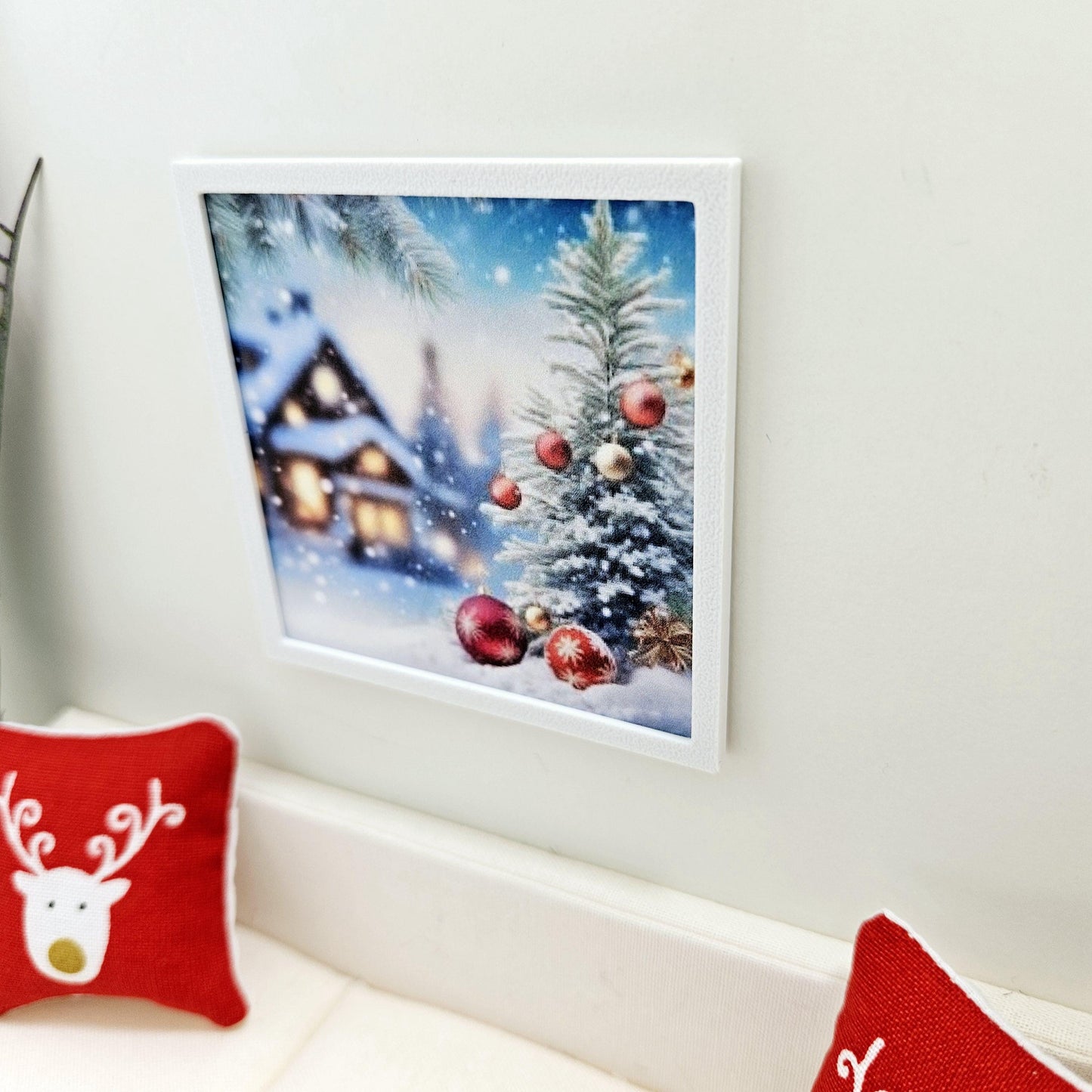 Dolls House Modern Framed Wall Art, Christmas House & Baubles print, 12th scale, miniature wall picture for any room