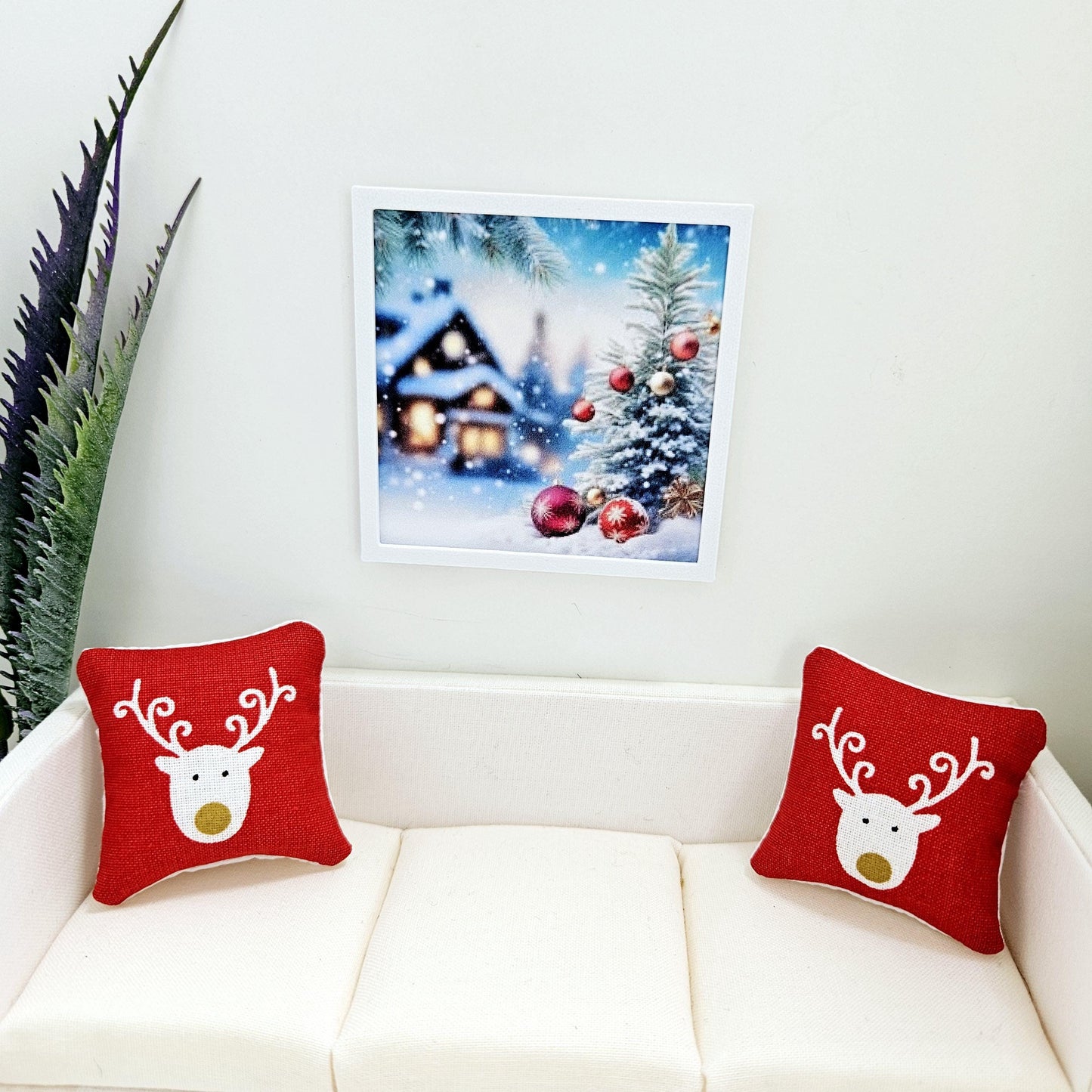 Dolls House Modern Framed Wall Art, Christmas House & Baubles print, 12th scale, miniature wall picture for any room