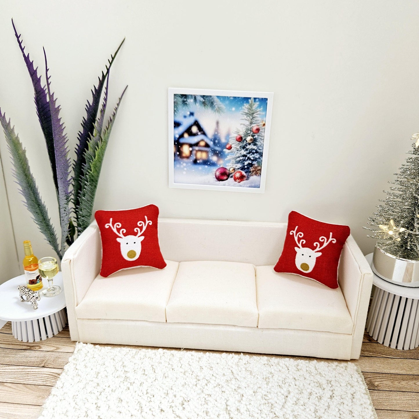 Dolls House Modern Framed Wall Art, Christmas House & Baubles print, 12th scale, miniature wall picture for any room