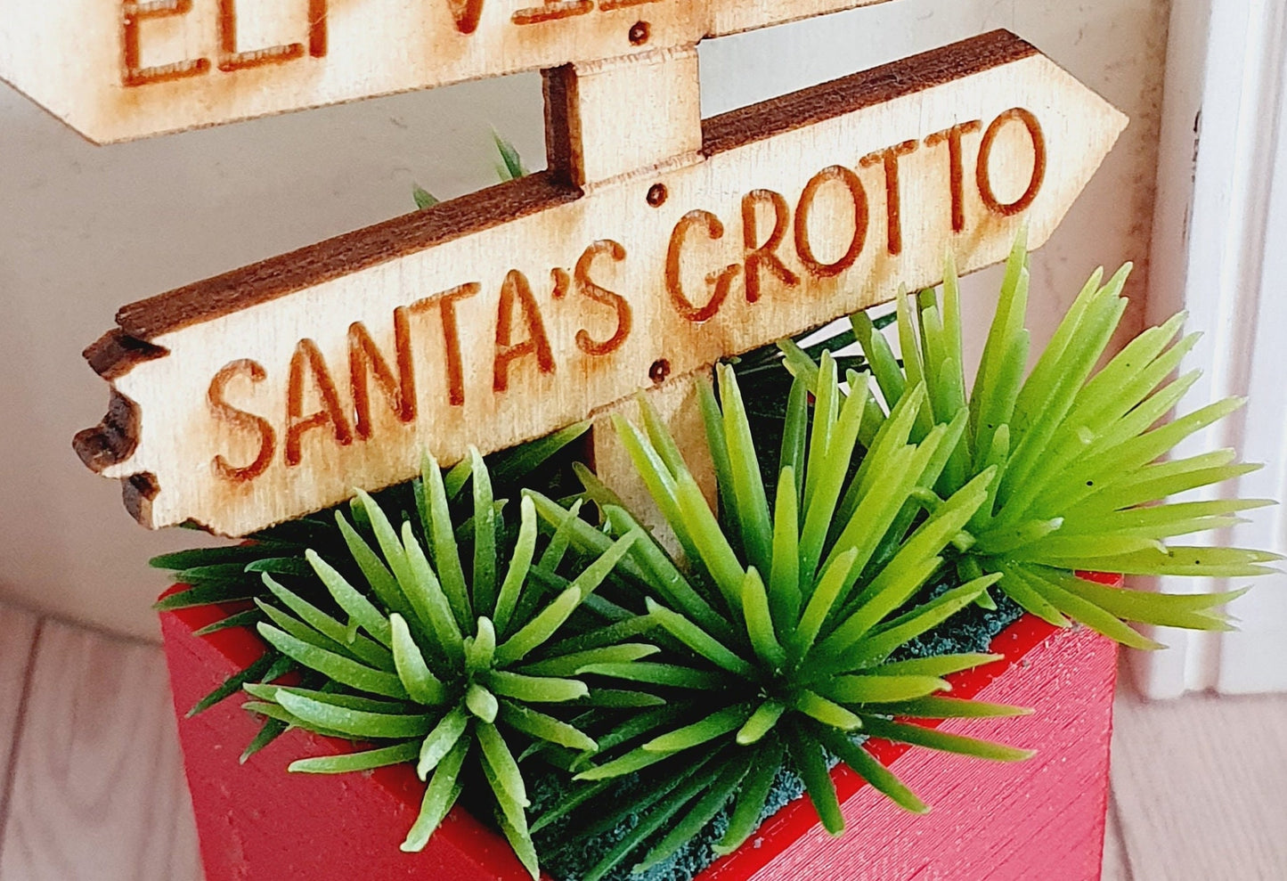 Dolls House Wooden Christmas Sign in Coloured Plant Pot with Green Plants, 1:12th Scale, Miniature Plant Pot, Dollhouse Christmas