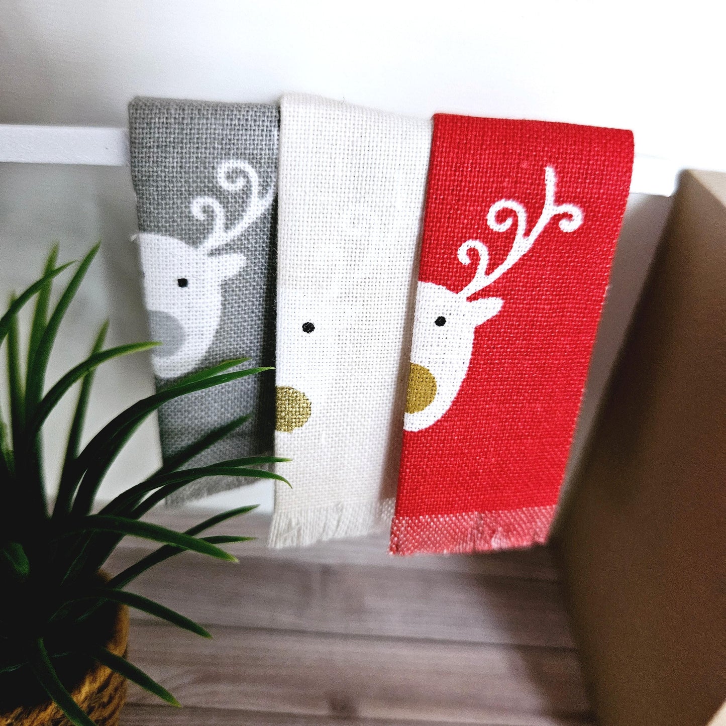Dolls House Set of 3 Reindeer Christmas Tea Towels, 12th Scale, Miniature Reindeer Tea Towels