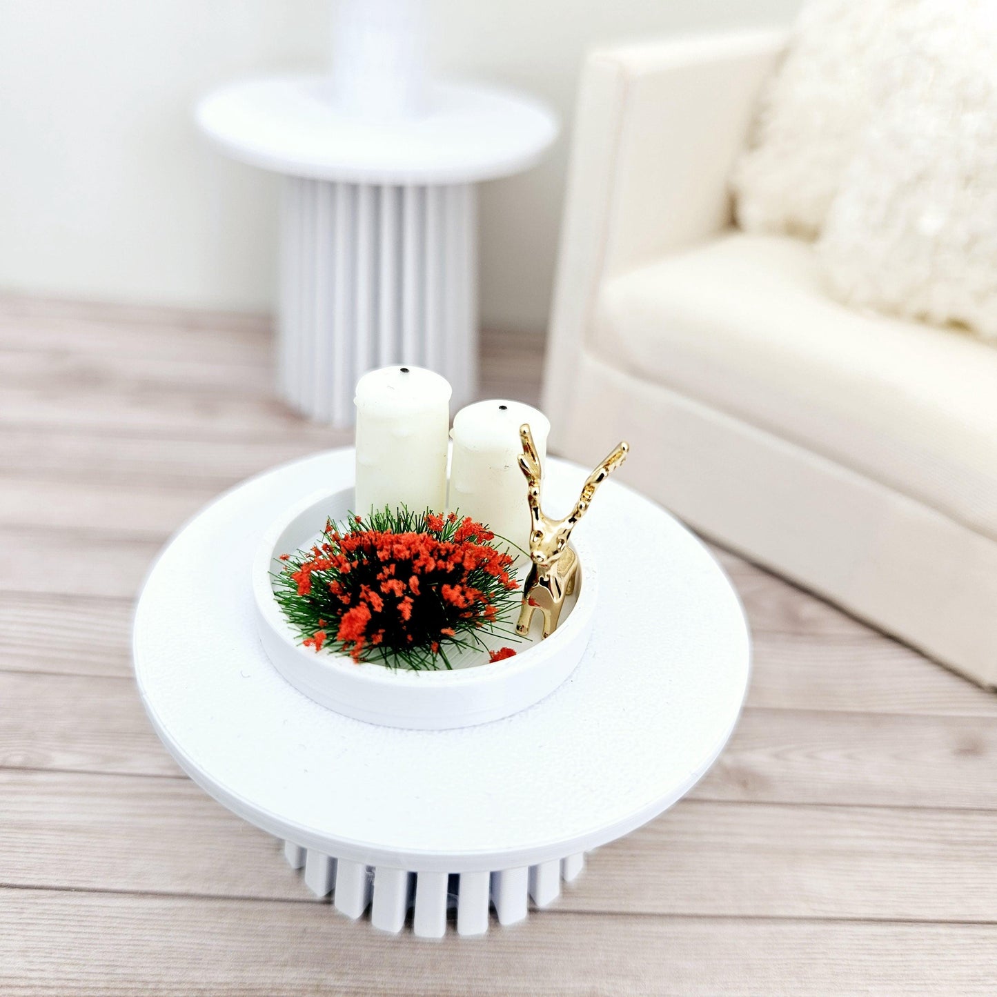 Dolls House Christmas Coloured tray ornament with 2x candles, white or red plant & a gold reindeer, 12th scale, miniature ornament