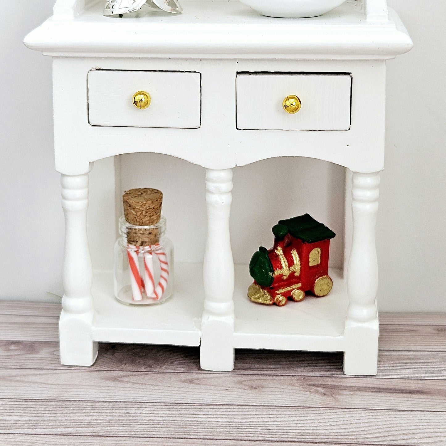 Dolls House Christmas White Wooden Dresser with 2 opening drawers and accessories, 1:12th Scale, Miniature Christmas Dresser