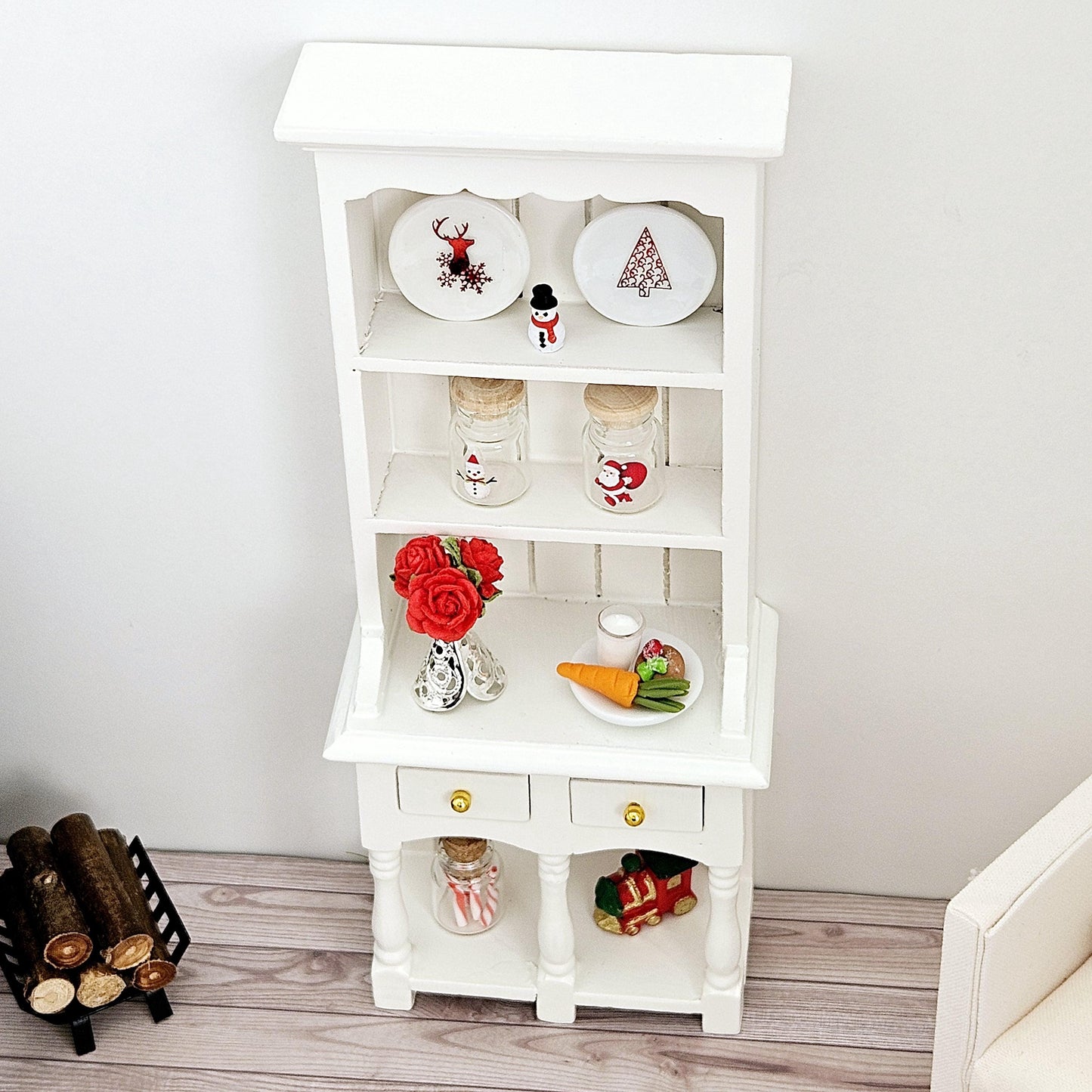 Dolls House Christmas White Wooden Dresser with 2 opening drawers and accessories, 1:12th Scale, Miniature Christmas Dresser