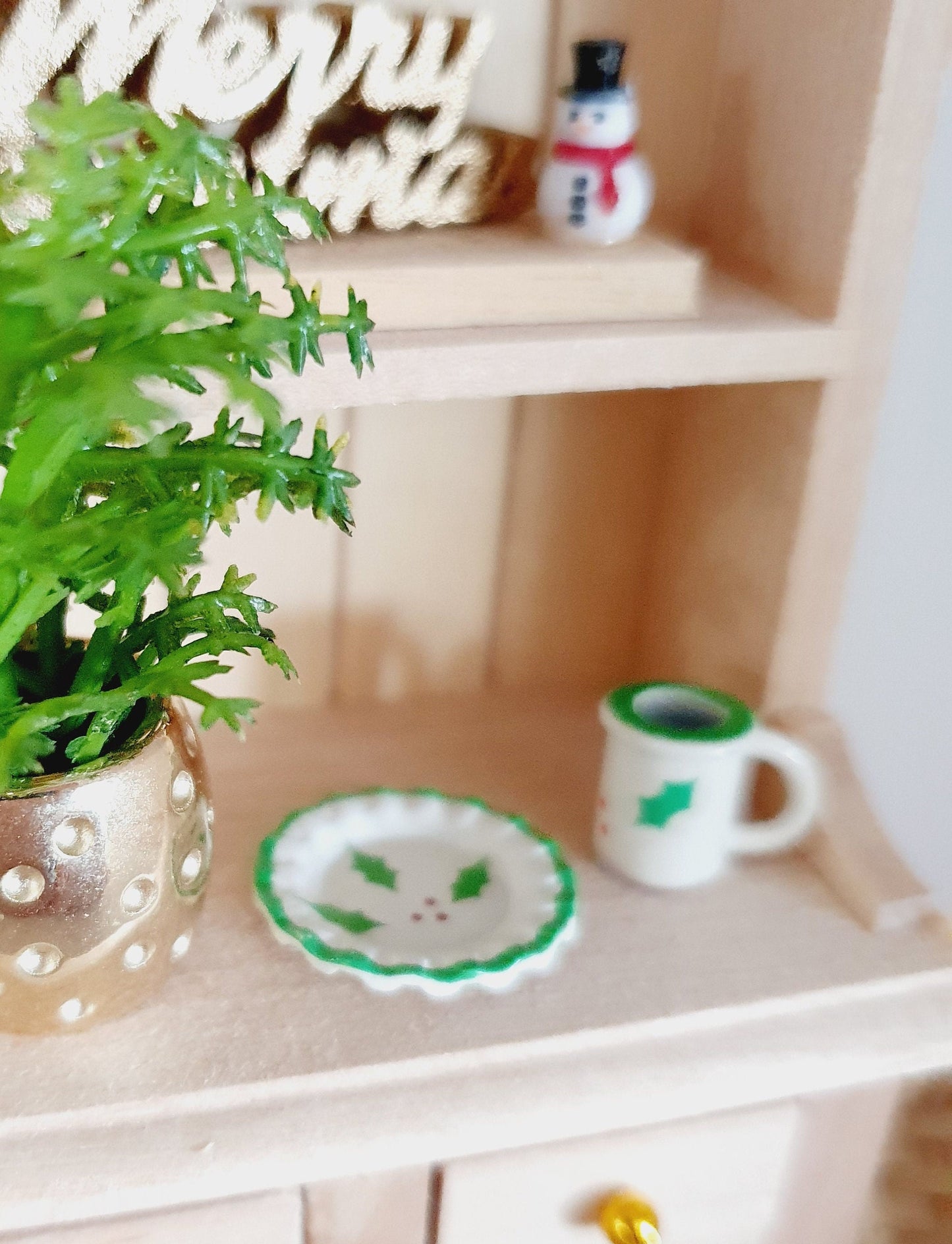 Dolls house Christmas Plate & Mug Set, with a tiny chocolate chip cookie, Holly design on each, 12th Scale, Miniature Christmas