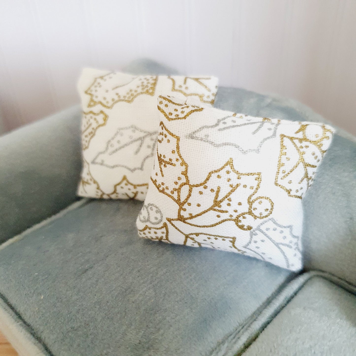 Dolls house Christmas 2 x Silver & Gold Holly cushions, 12th scale cushions, miniature cushions