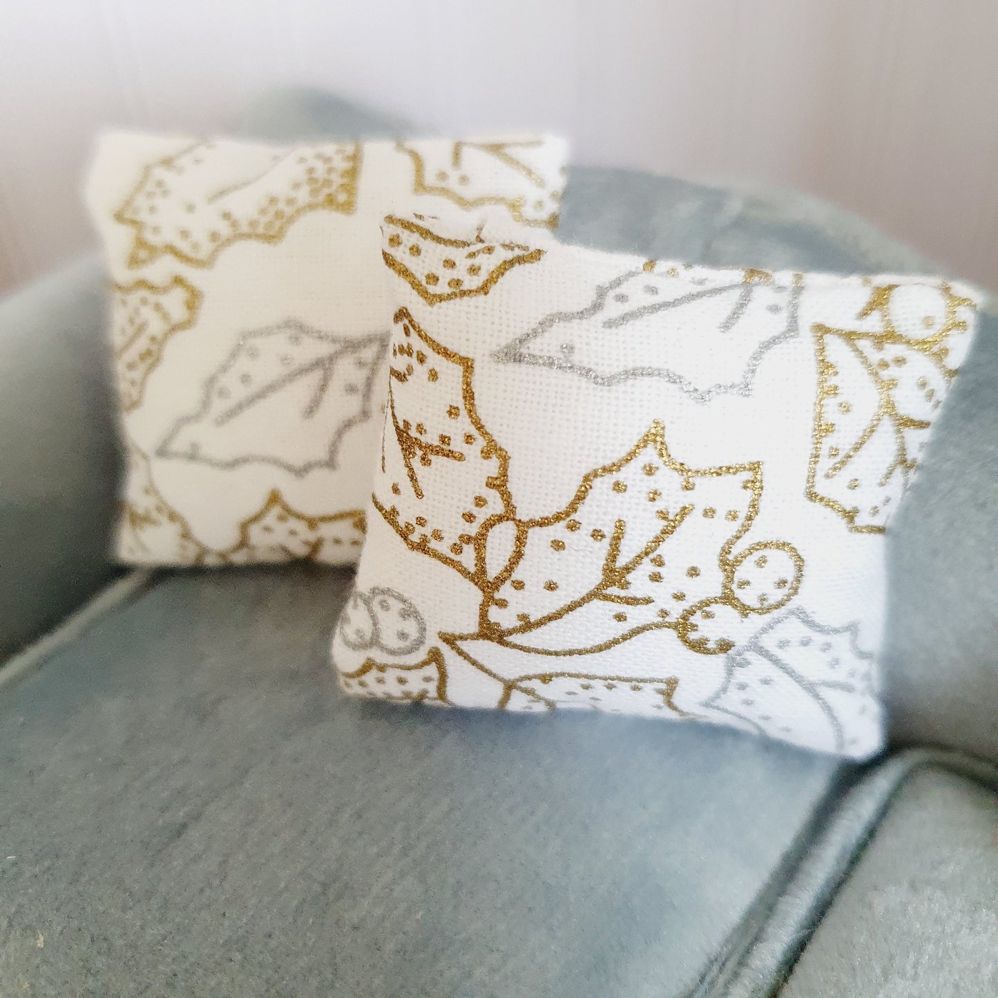 Dolls house Christmas 2 x Silver & Gold Holly cushions, 12th scale cushions, miniature cushions