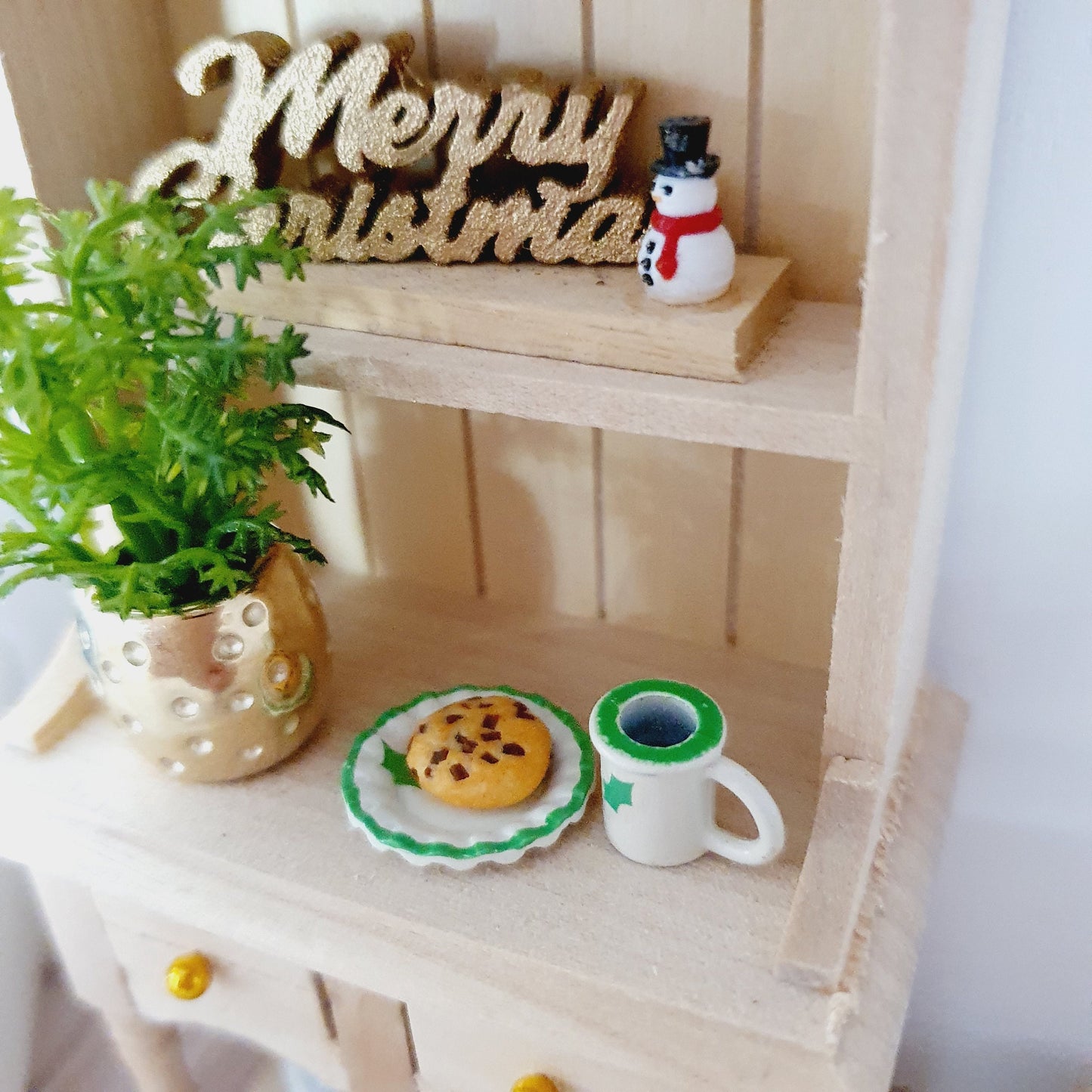 Dolls house Christmas Plate & Mug Set, with a tiny chocolate chip cookie, Holly design on each, 12th Scale, Miniature Christmas