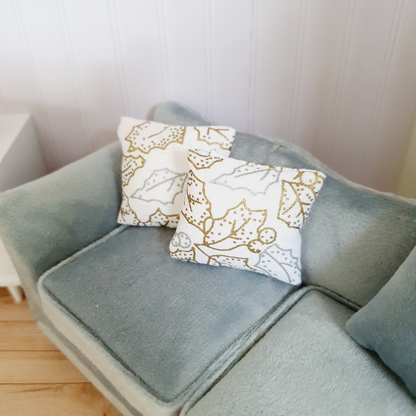 Dolls house Christmas 2 x Silver & Gold Holly cushions, 12th scale cushions, miniature cushions