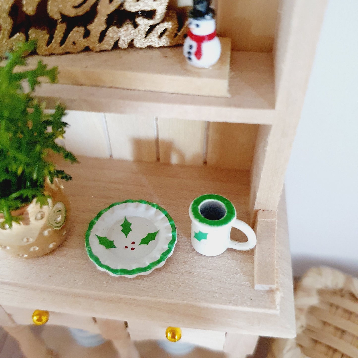 Dolls house Christmas Plate & Mug Set, with a tiny chocolate chip cookie, Holly design on each, 12th Scale, Miniature Christmas