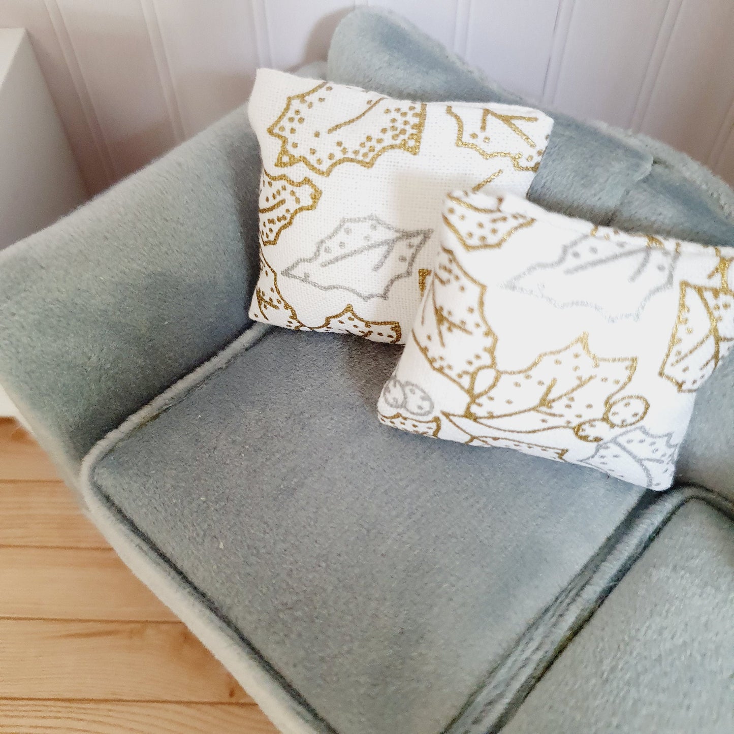 Dolls house Christmas 2 x Silver & Gold Holly cushions, 12th scale cushions, miniature cushions
