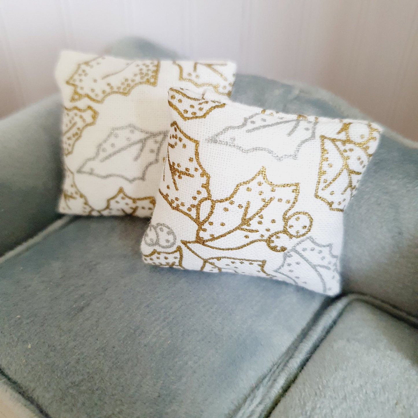 Dolls house Christmas 2 x Silver & Gold Holly cushions, 12th scale cushions, miniature cushions