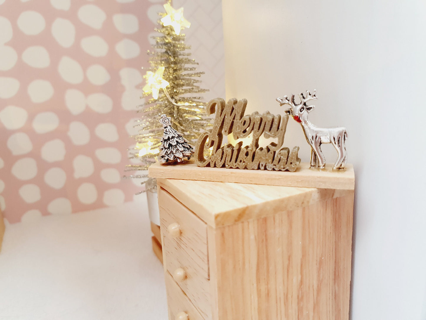 Dolls House Christmas Ornament, Merry Christmas on a Stand with a Reindeer & Christmas Tree, 1:12th Scale, Miniature Christmas Ornament