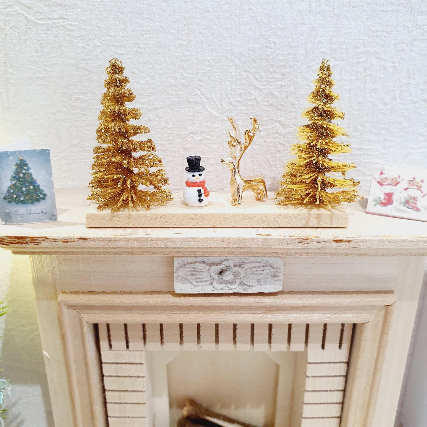 Dolls House Christmas Ornament, Gold Christmas Trees & a Tiny Snowman, Gold Reindeer on a Stand, 1:12th Scale, Miniature Christmas Ornament
