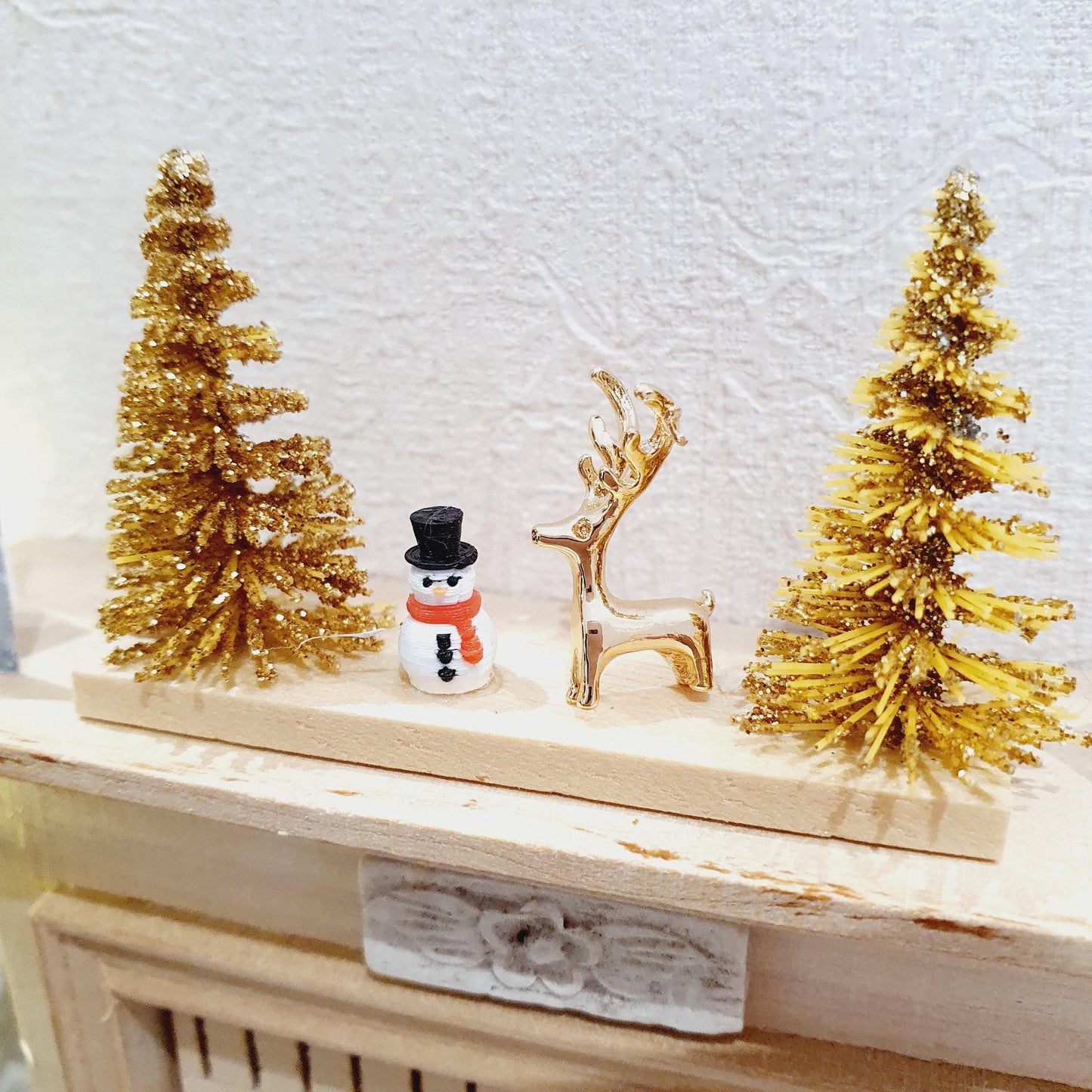Dolls House Christmas Ornament, Gold Christmas Trees & a Tiny Snowman, Gold Reindeer on a Stand, 1:12th Scale, Miniature Christmas Ornament
