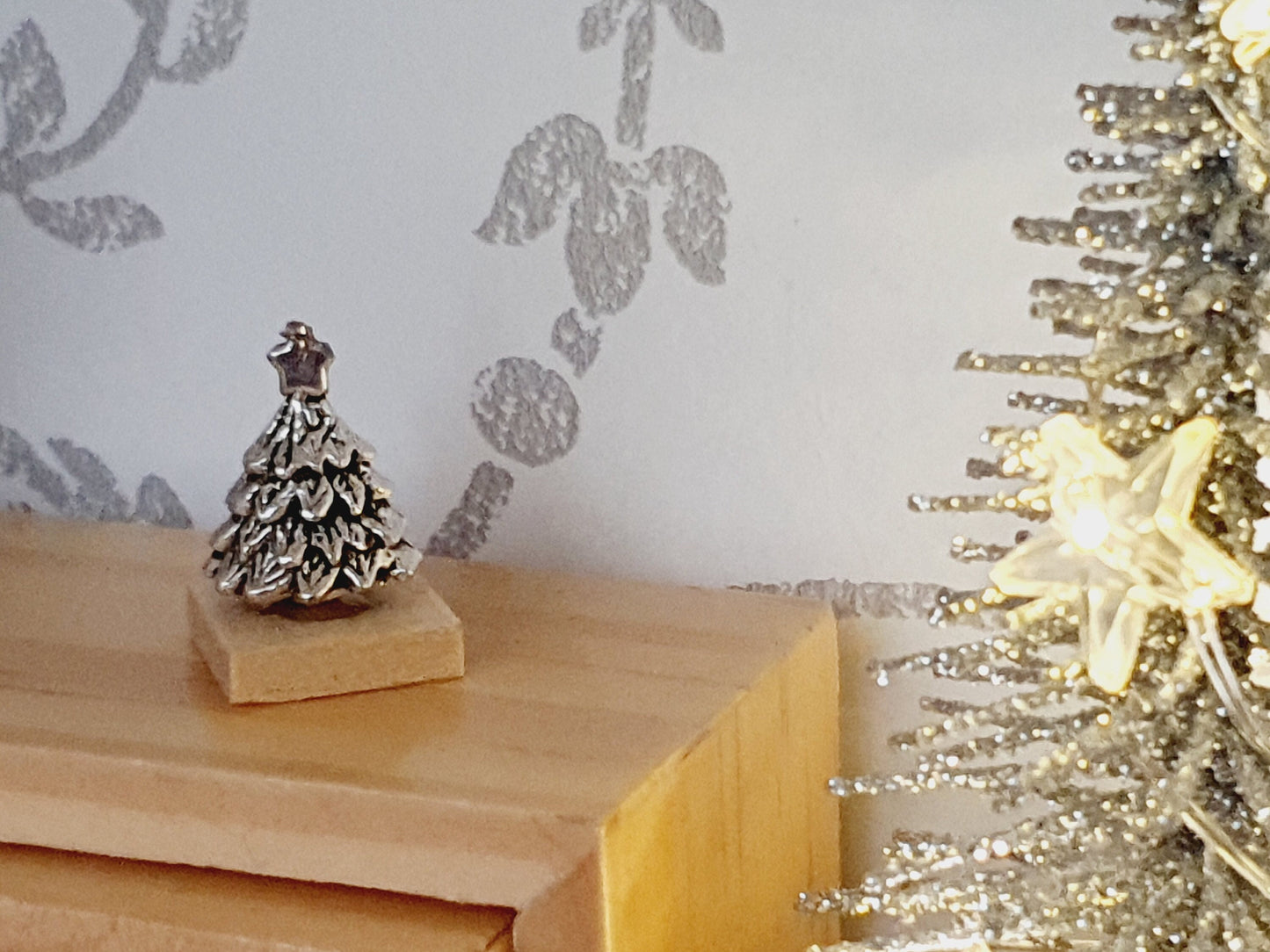 Dolls House Small Christmas Ornament on a wooden stand, 1:12th Scale, Miniature Ornament on a stand