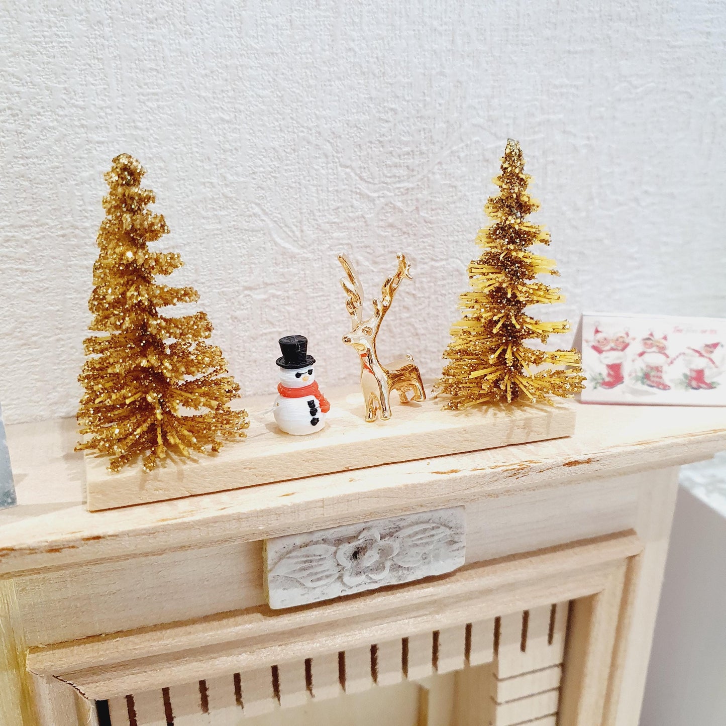 Dolls House Christmas Ornament, Gold Christmas Trees & a Tiny Snowman, Gold Reindeer on a Stand, 1:12th Scale, Miniature Christmas Ornament
