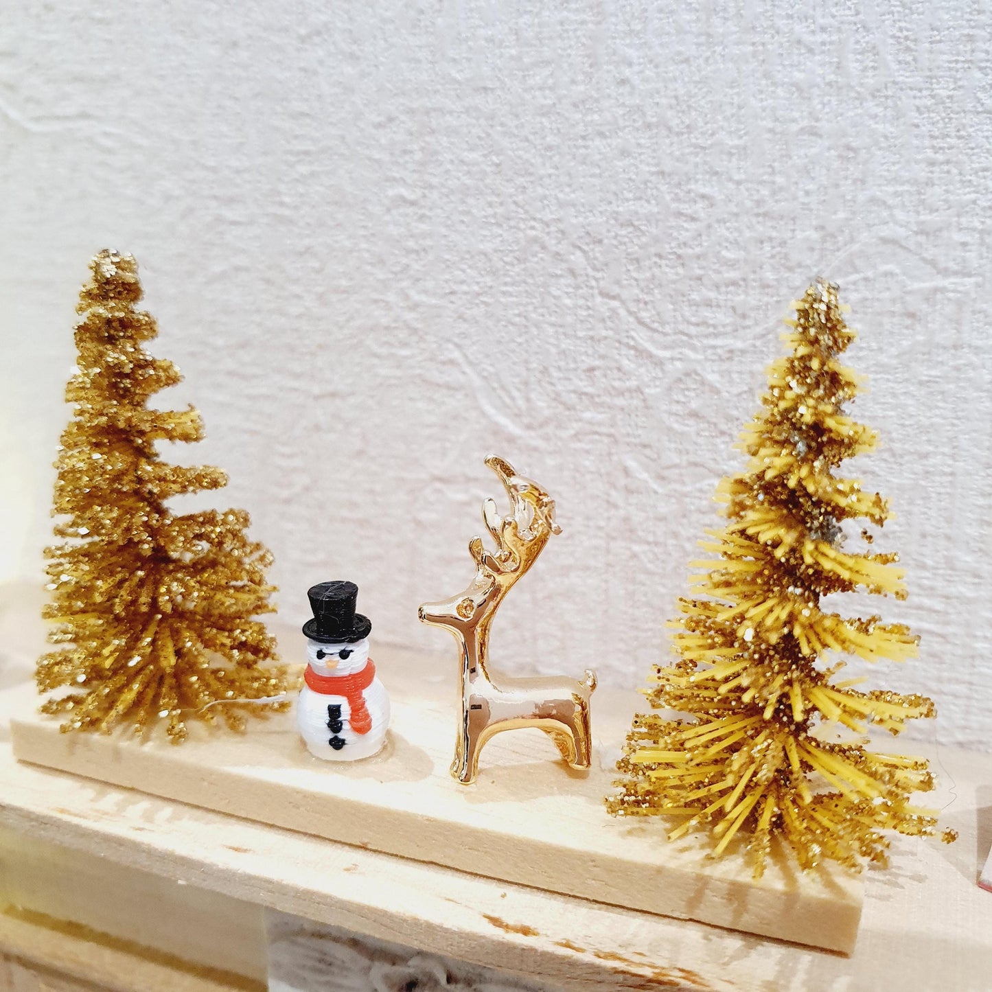 Dolls House Christmas Ornament, Gold Christmas Trees & a Tiny Snowman, Gold Reindeer on a Stand, 1:12th Scale, Miniature Christmas Ornament